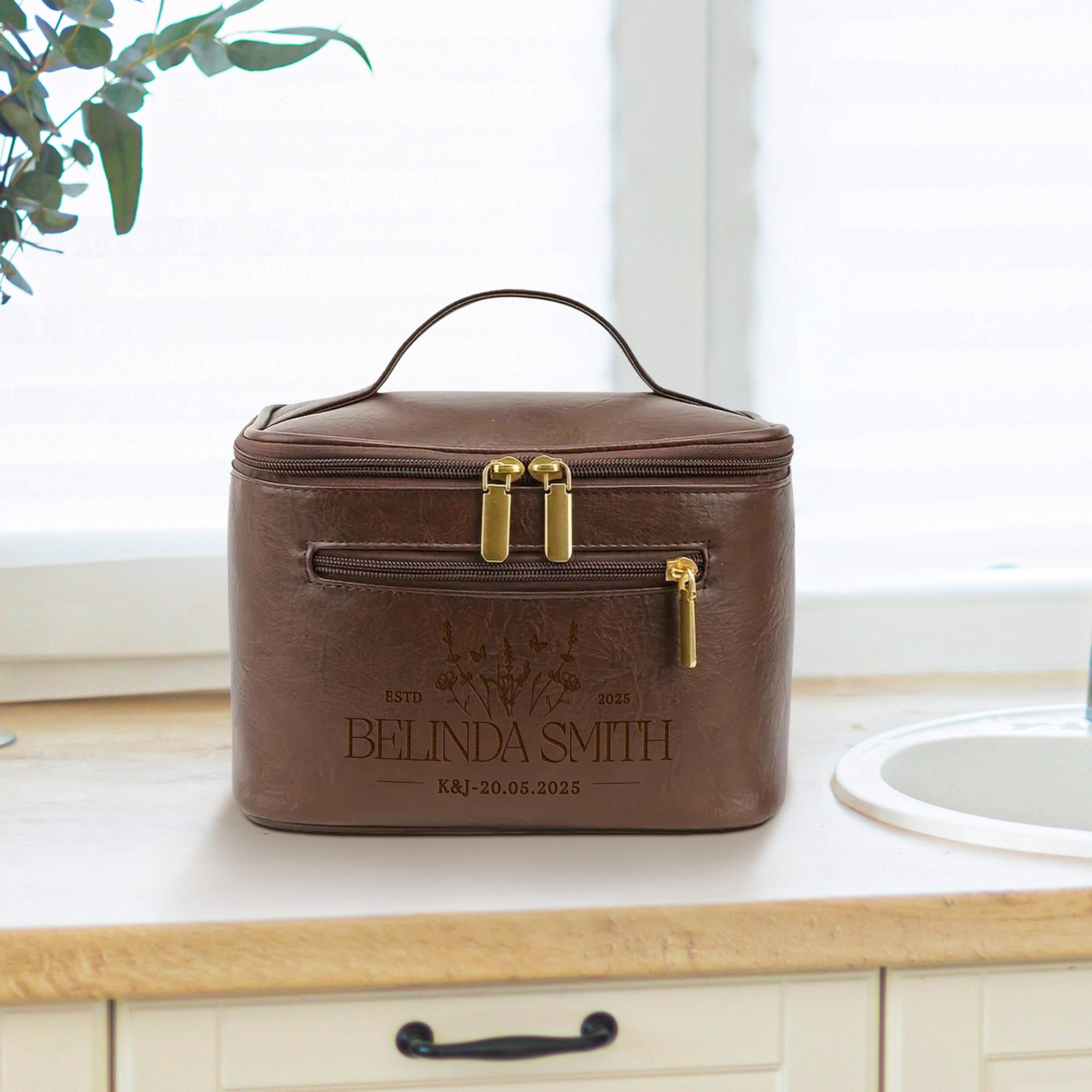Personalised Leatherette Makeup Toiletry Bag, Custom Engraved Multiple Zip Cosmetic Storage Bag, Carry Travel Vanity Case, Mom Birthday Gift