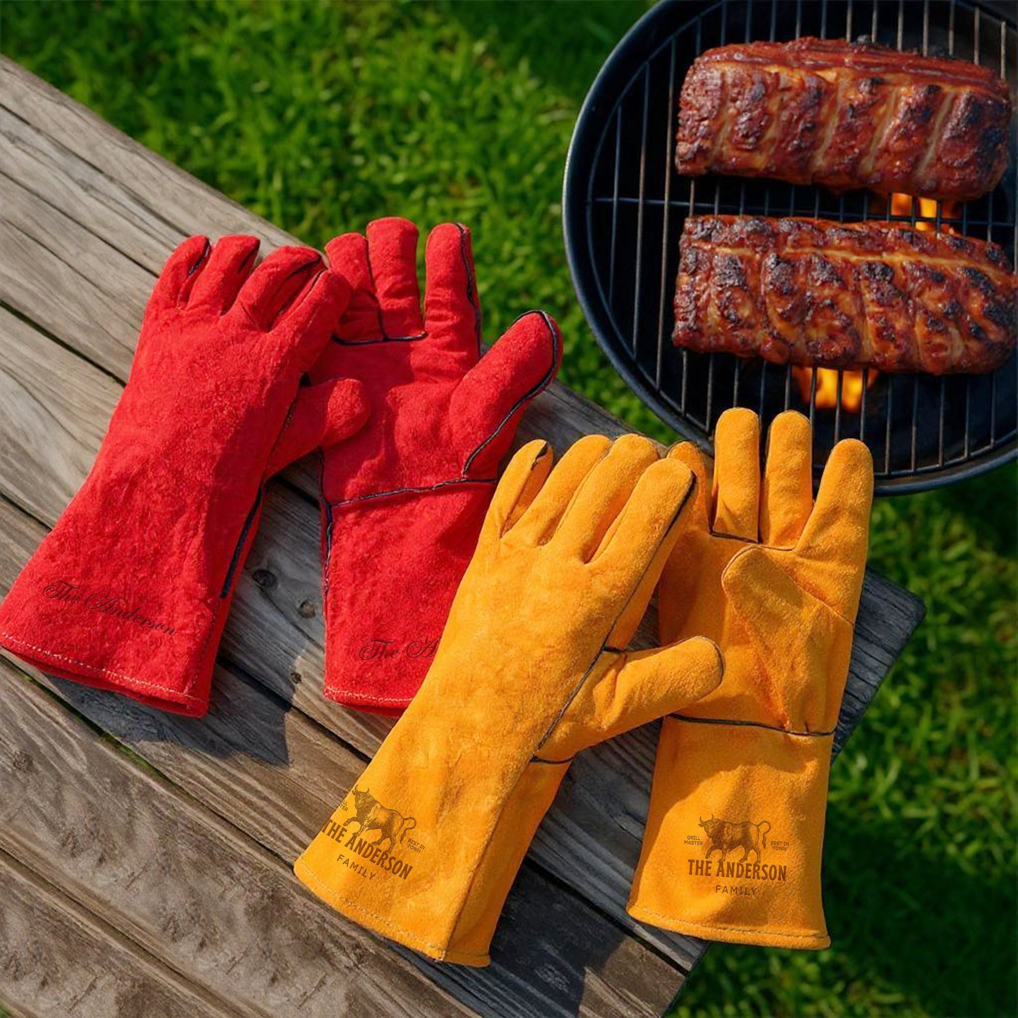 Personalised Long Leather BBQ Grill Gloves, Custom Engraved Fire & Heat Resistant Smoker, Stove, Oven, Fireplace Protective Gloves, Dad Gift