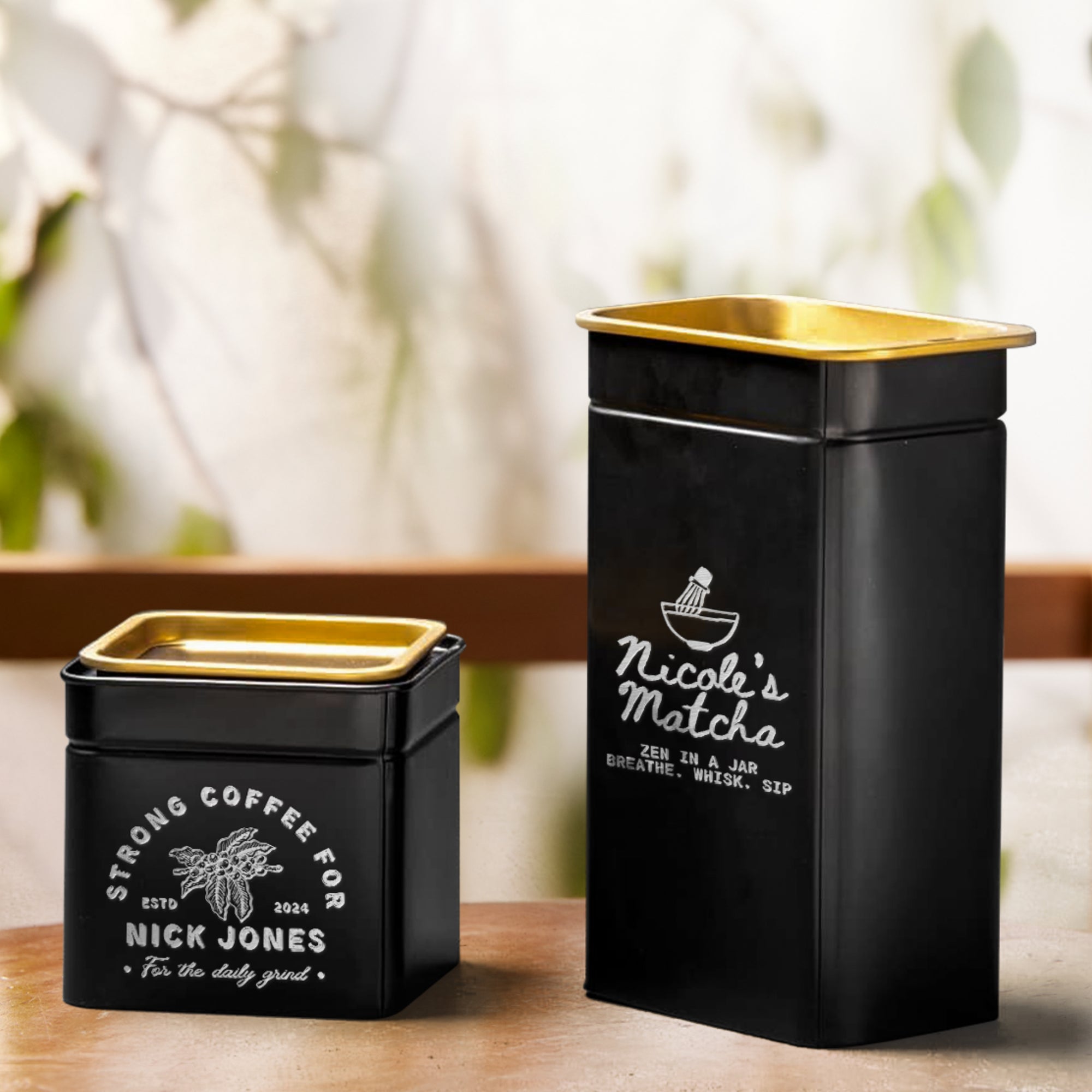 Personalised Matte Black Gold Metal Tin, Custom Engraved Logo Jar, Coffee, Tea Storage, Cookie Lollies Canister, Housewarming, Mom Xmas Gift