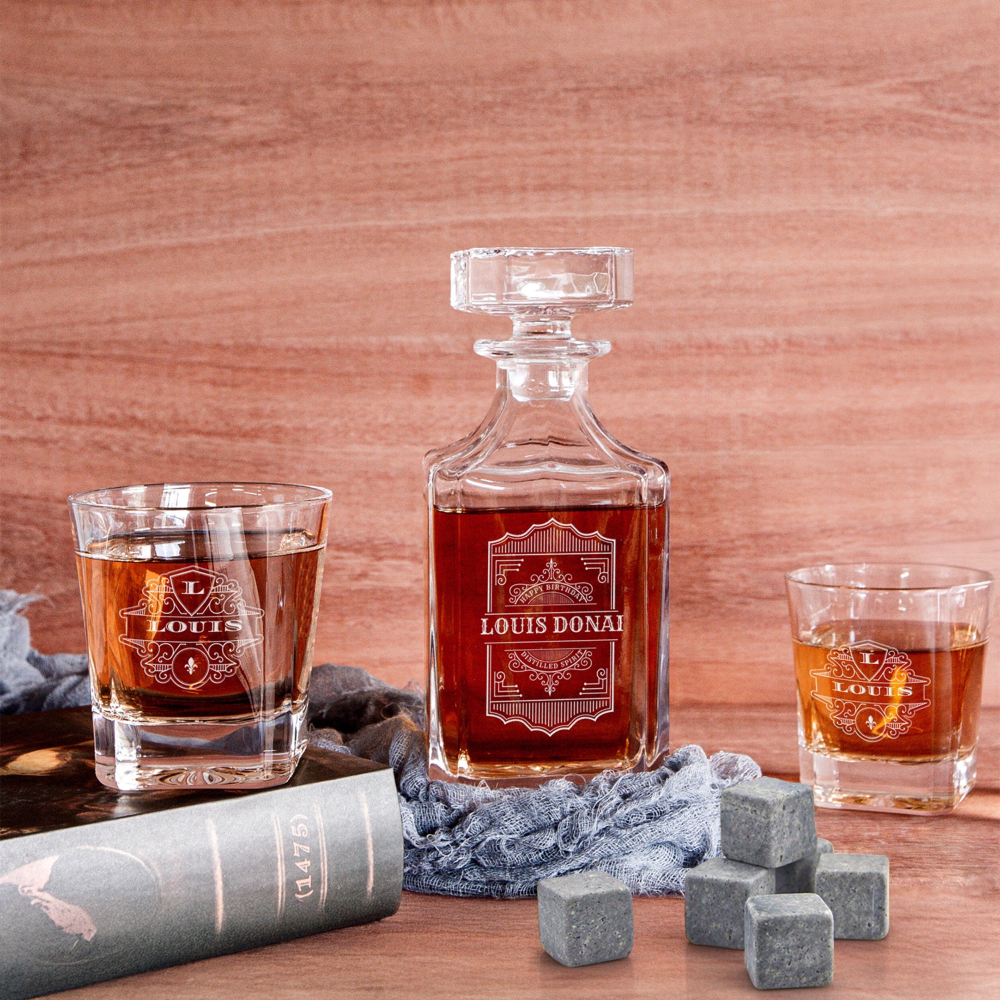 Personalised Military Whiskey Ammo Can Gift Box - Star Decanter, 2 Scotch Glasses & 6 Ice Stones Set, Etched Army Barware Groomsman Dad Gift Set