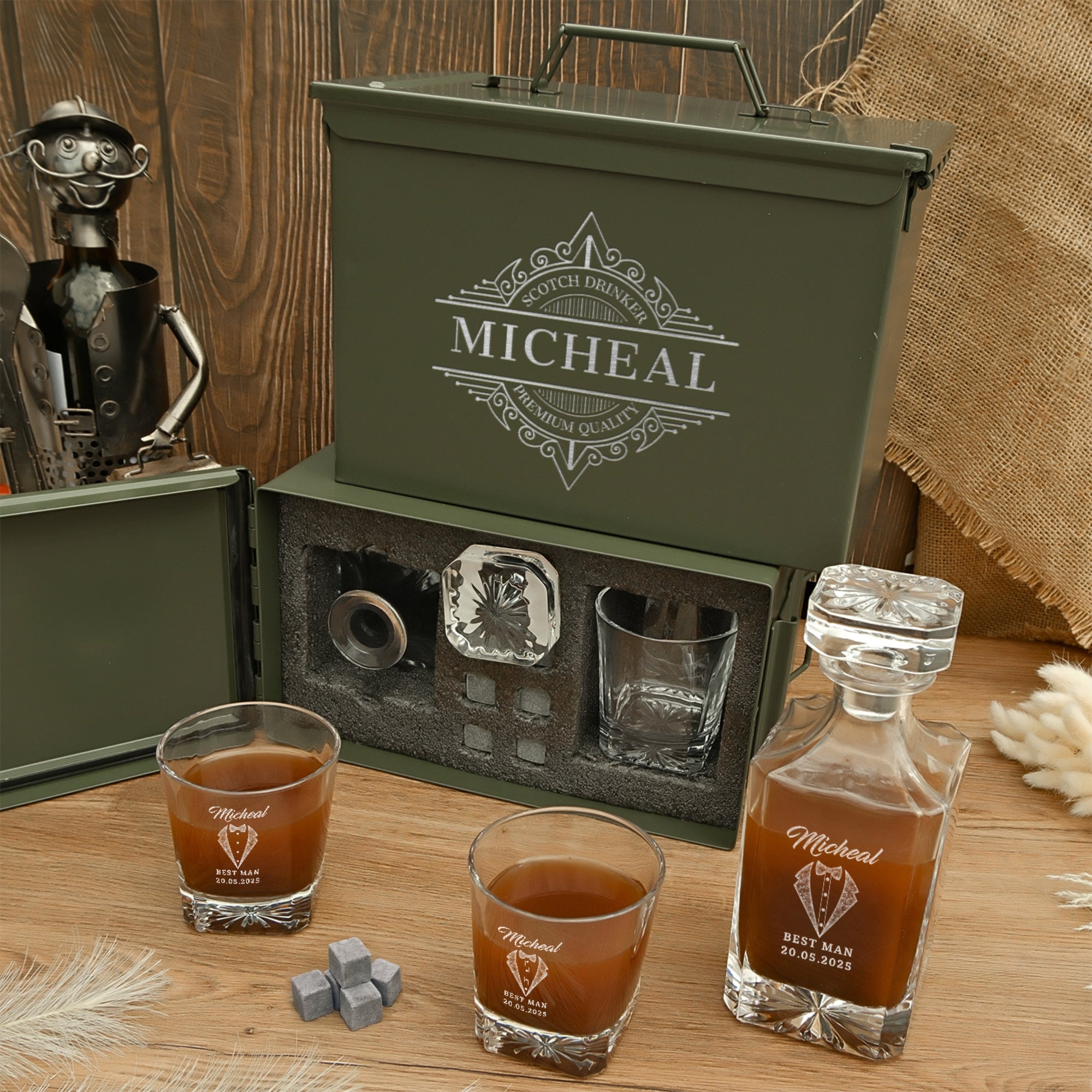Personalised Military Whiskey Ammo Can Gift Box - Star Decanter, 2 Scotch Glasses & 6 Ice Stones Set, Etched Army Barware Groomsman Dad Gift Set