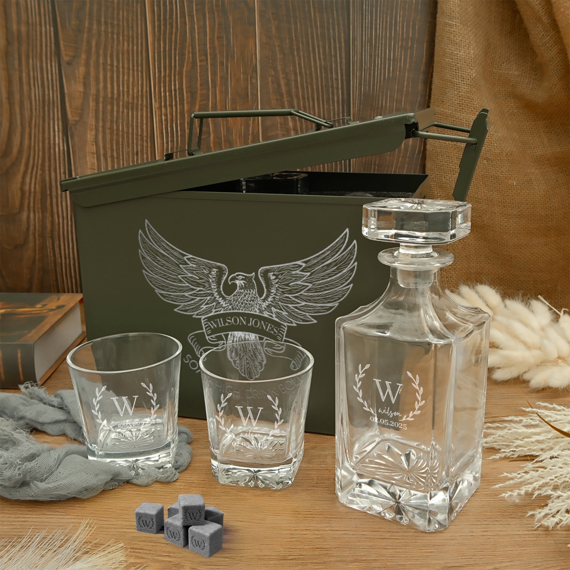 Personalised Military Whiskey Ammo Can Gift Box - Star Decanter, 2 Scotch Glasses & 6 Ice Stones Set, Etched Army Barware Groomsman Dad Gift Set