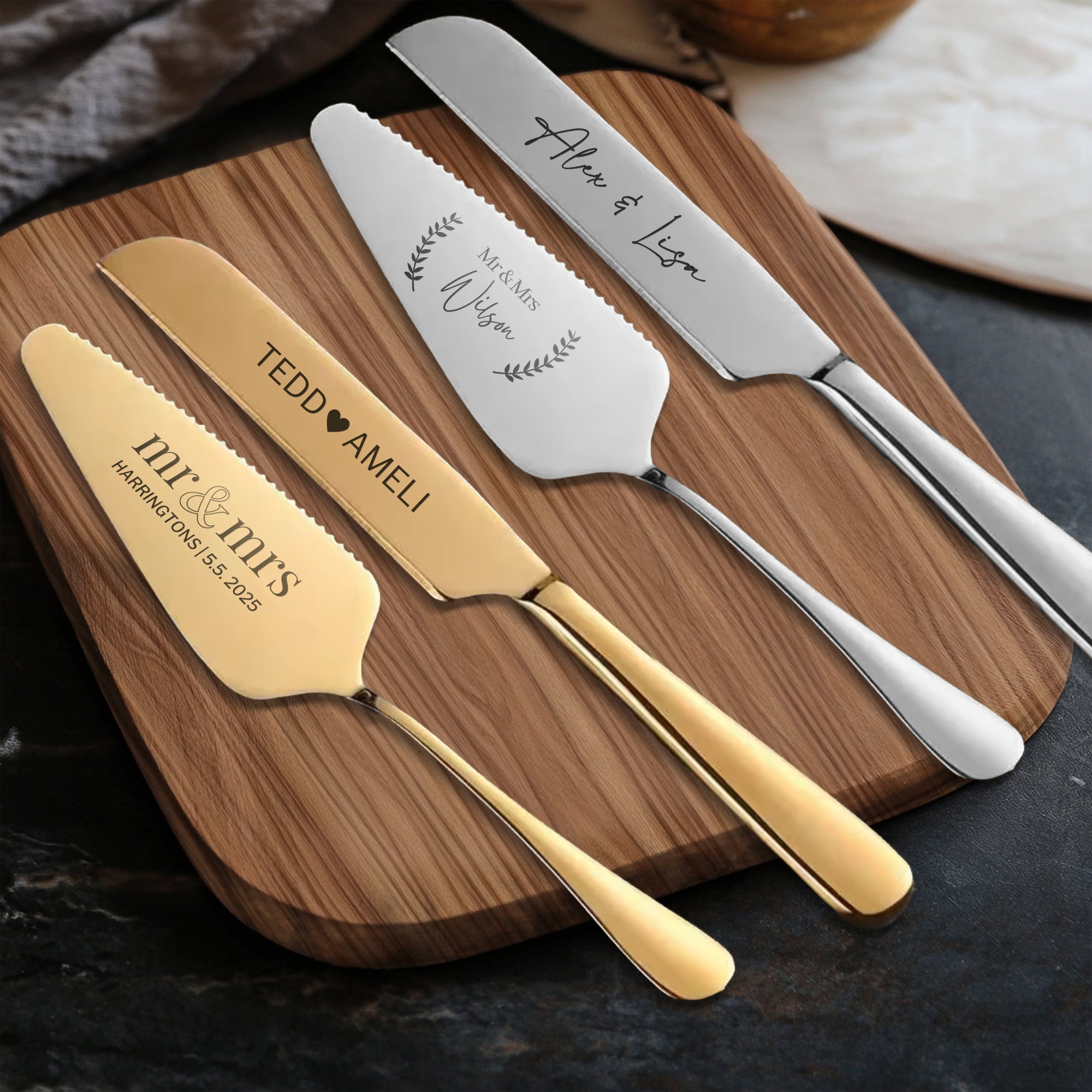 Personalised Minimalist Gold/ Silver Wedding Plated Cake Serving Set, Custom Etched Name Date Cutting Pastry Knife & Server Anniversary Gift