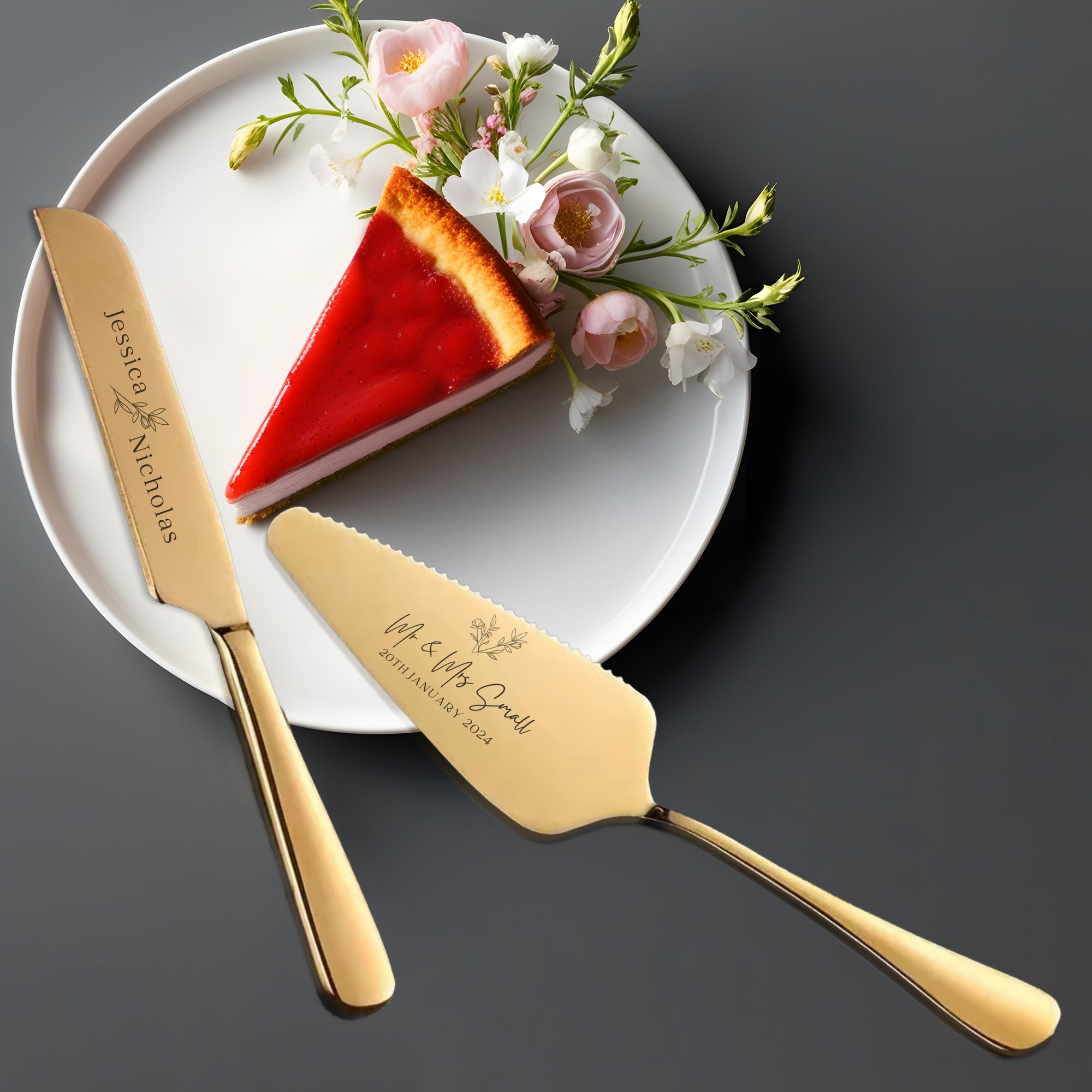 Personalised Minimalist Gold/ Silver Wedding Plated Cake Serving Set, Custom Etched Name Date Cutting Pastry Knife & Server Anniversary Gift