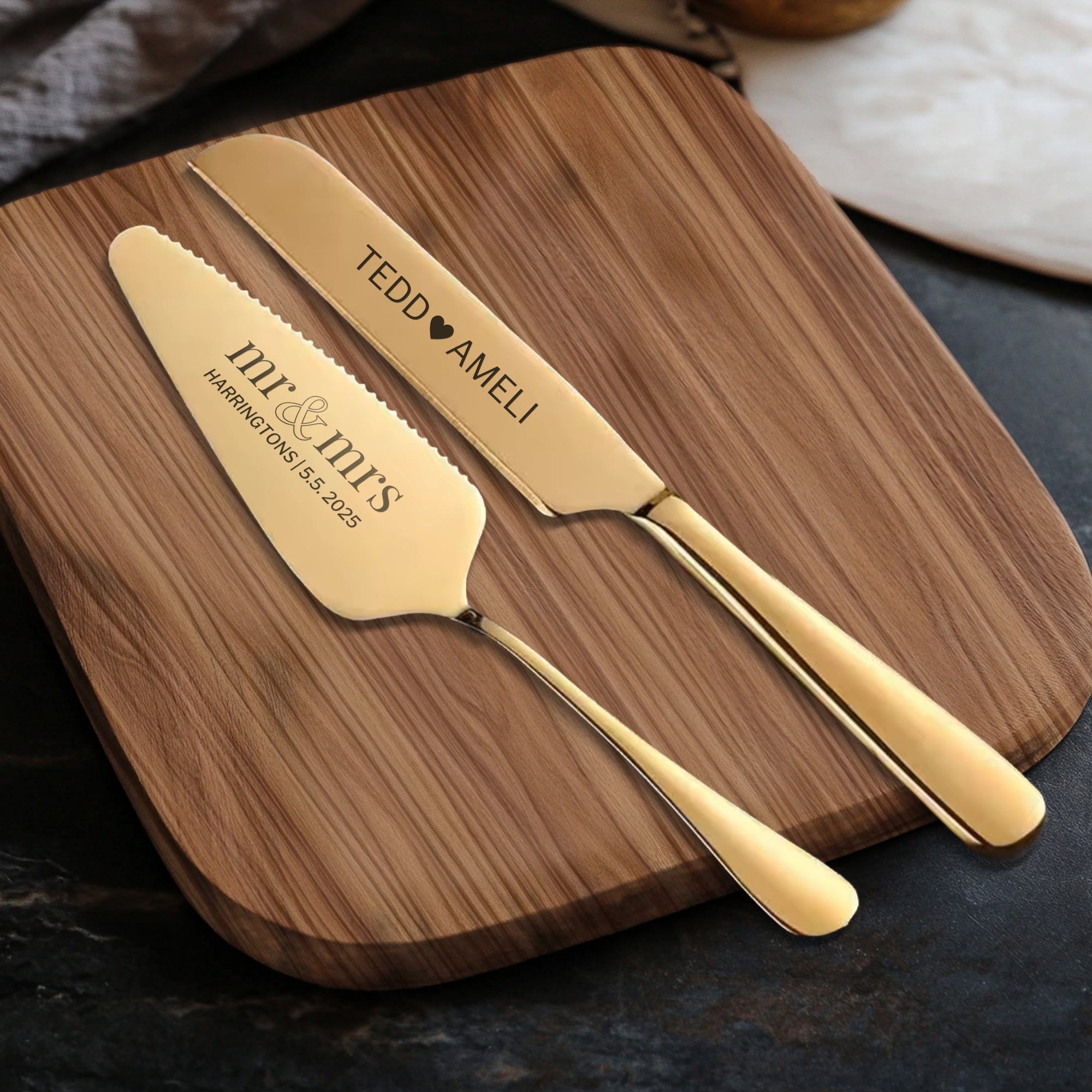 Personalised Minimalist Gold/ Silver Wedding Plated Cake Serving Set, Custom Etched Name Date Cutting Pastry Knife & Server Anniversary Gift