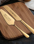 Personalised Minimalist Gold/ Silver Wedding Plated Cake Serving Set, Custom Etched Name Date Cutting Pastry Knife & Server Anniversary Gift