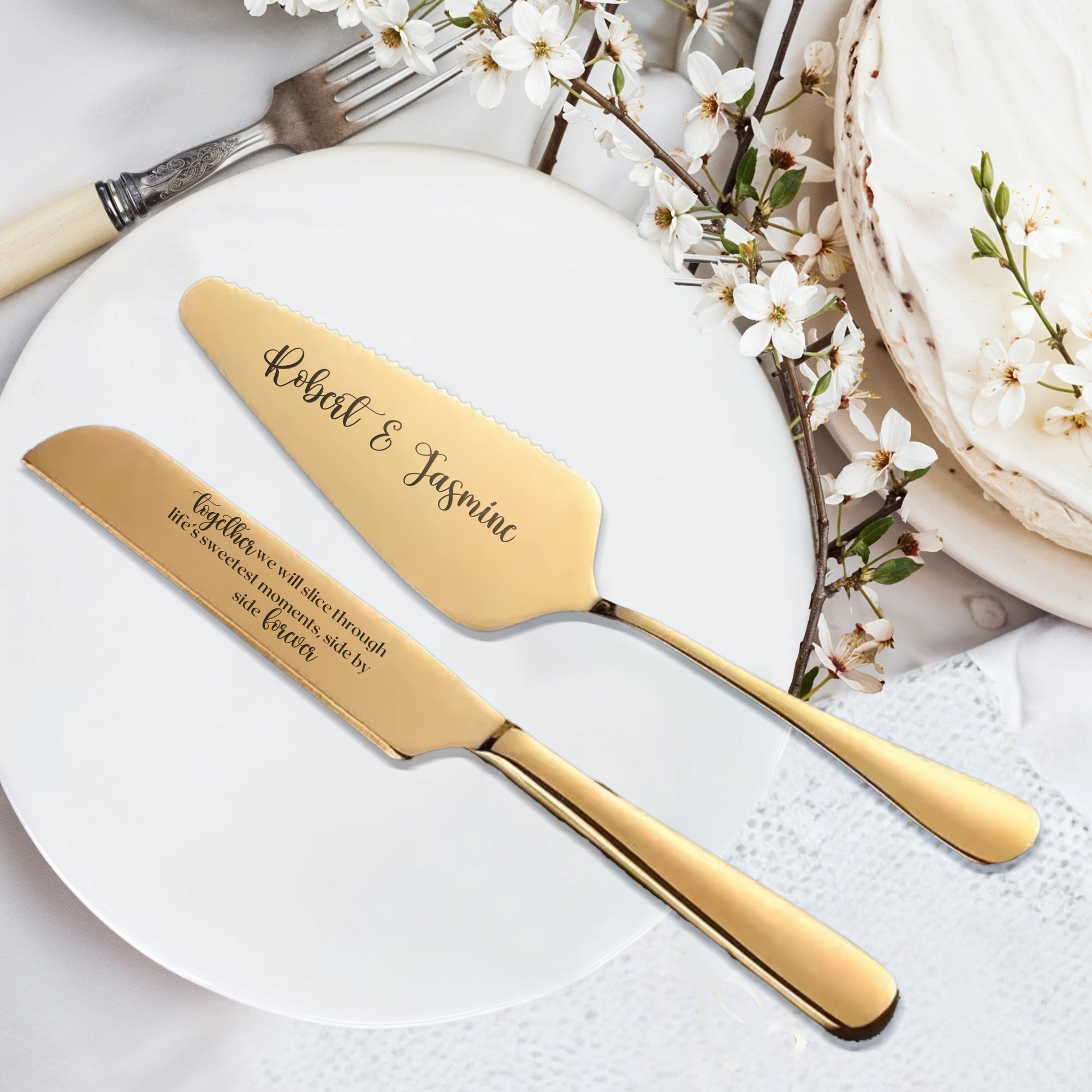 Personalised Minimalist Gold/ Silver Wedding Plated Cake Serving Set, Custom Etched Name Date Cutting Pastry Knife & Server Anniversary Gift