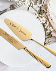 Personalised Minimalist Gold/ Silver Wedding Plated Cake Serving Set, Custom Etched Name Date Cutting Pastry Knife & Server Anniversary Gift