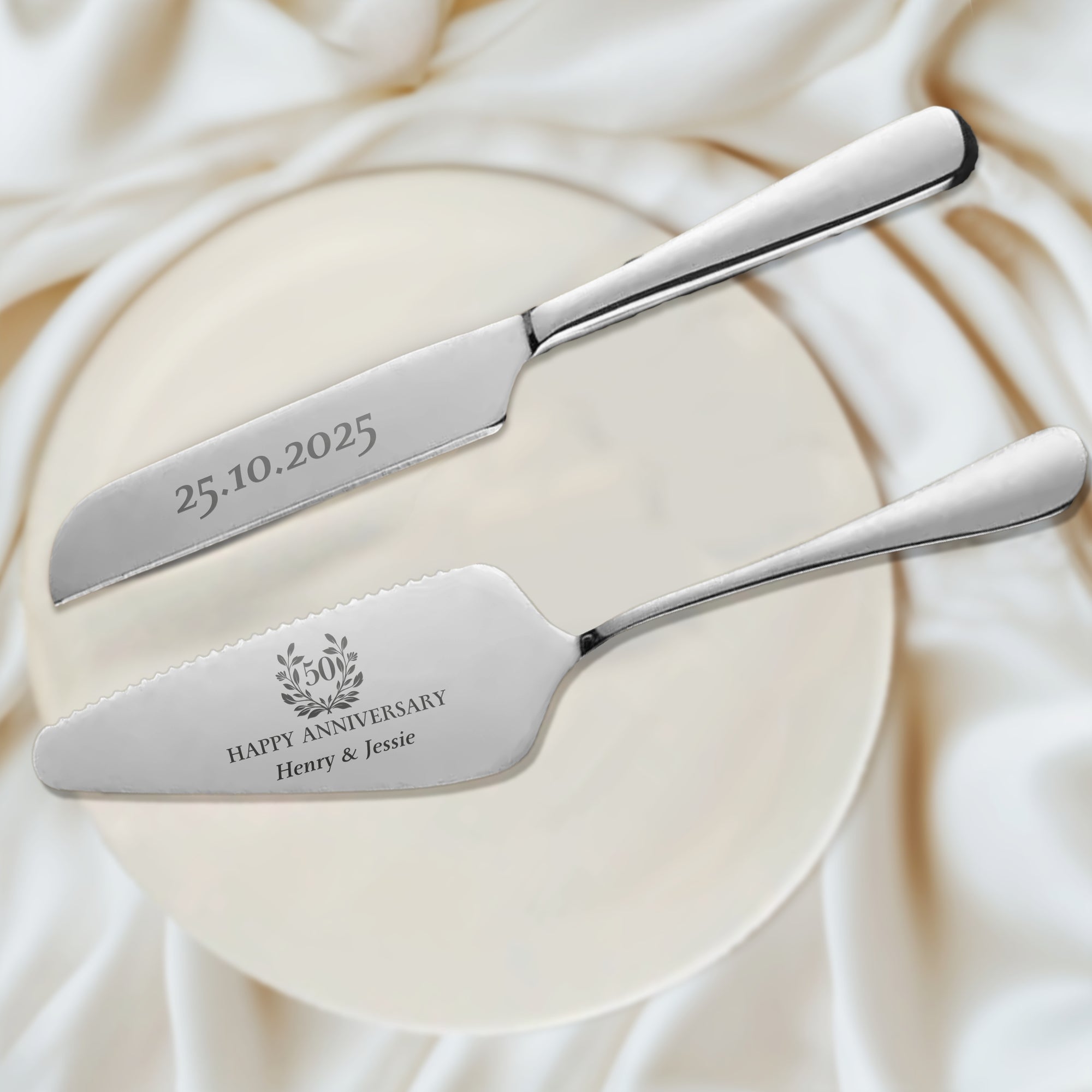 Personalised Minimalist Gold/ Silver Wedding Plated Cake Serving Set, Custom Etched Name Date Cutting Pastry Knife & Server Anniversary Gift