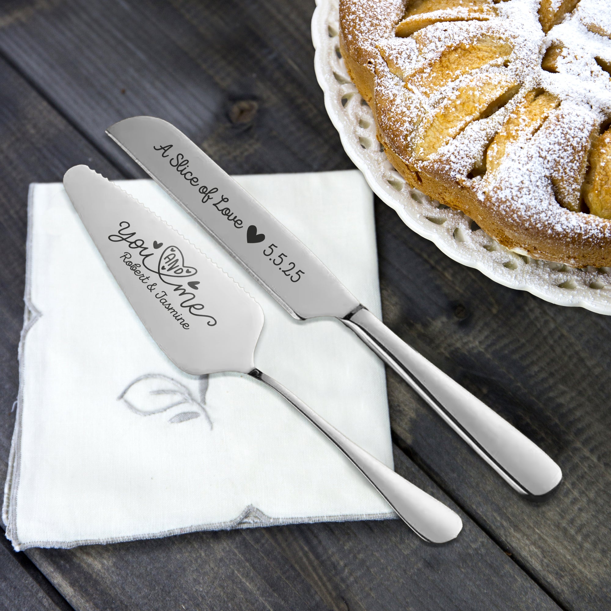 Personalised Minimalist Gold/ Silver Wedding Plated Cake Serving Set, Custom Etched Name Date Cutting Pastry Knife & Server Anniversary Gift