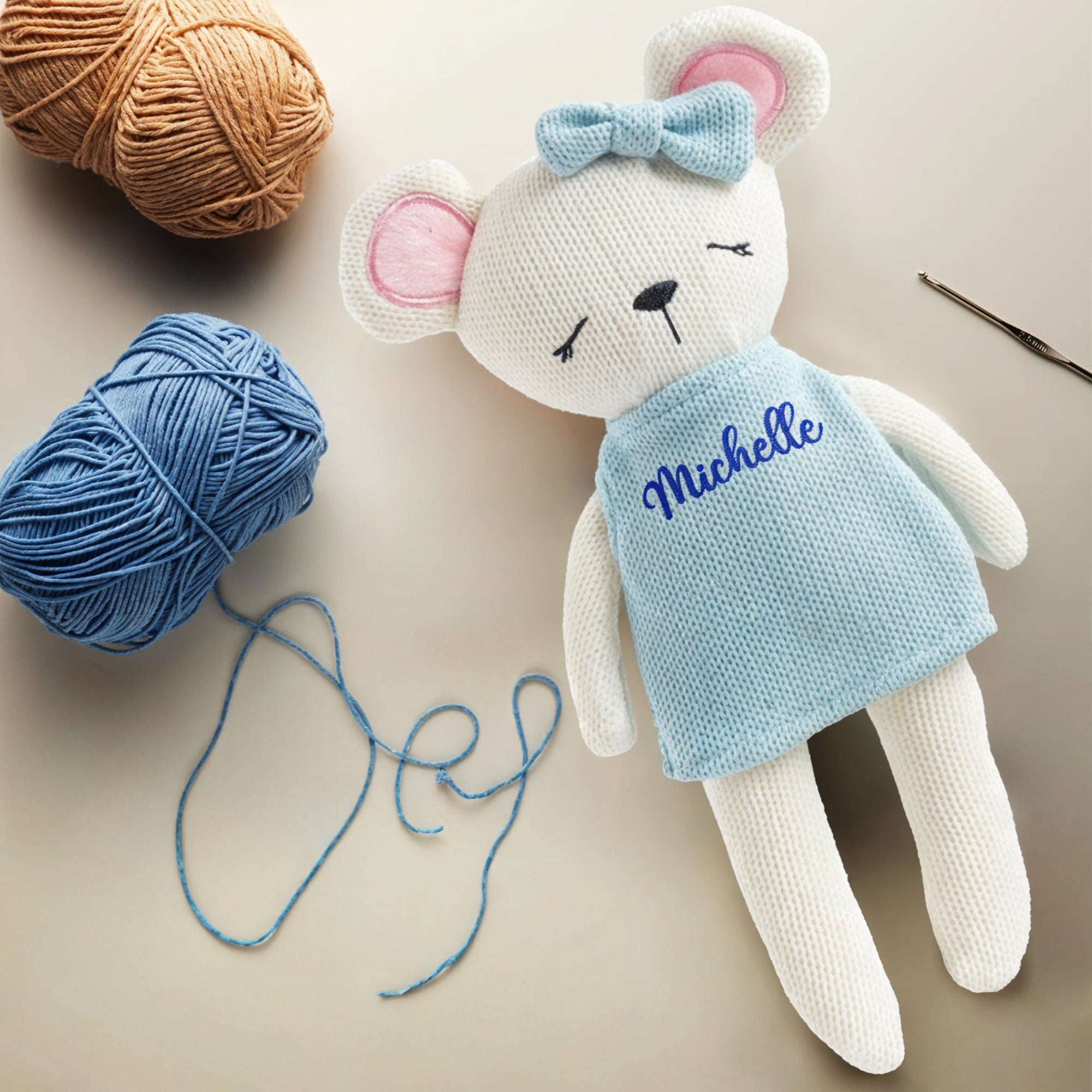 Personalised Embroidery Knitted Animal Plush Toy, Custom Embroidered Name Sleep Soft Baby Huggable Snuggle Friend First Birthday Shower Gift