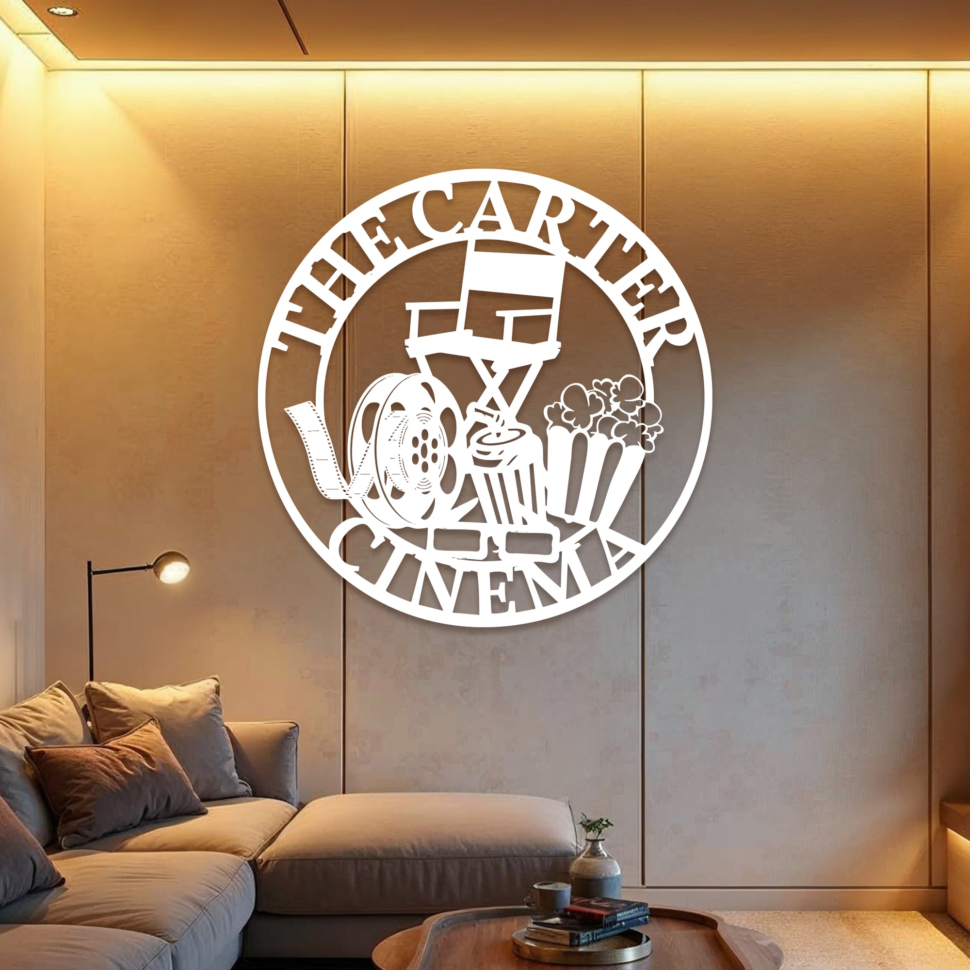 Personalised Movie Theme Hoop Sign, Custom Wood Acrylic Director Chair Cinefilm Wall Art Home Cinema Theatre Signage Decor Housewarming Gift