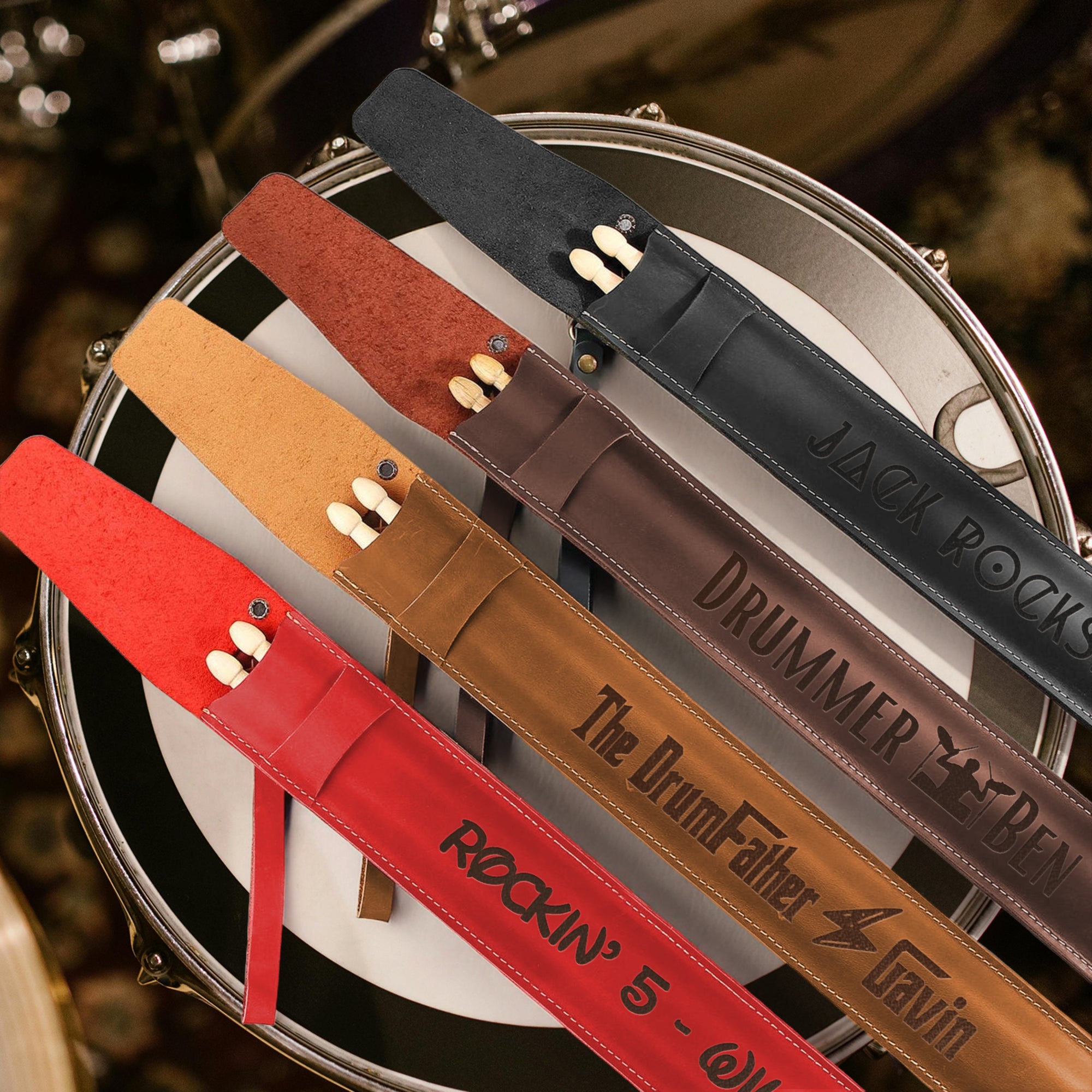 Personalised Pair of 5A Drumsticks & Engraved Leatherette Pouch, Custom Drum Sticks Holder Case, Jazz Rock, Drummers, Musician Dad Xmas Gift