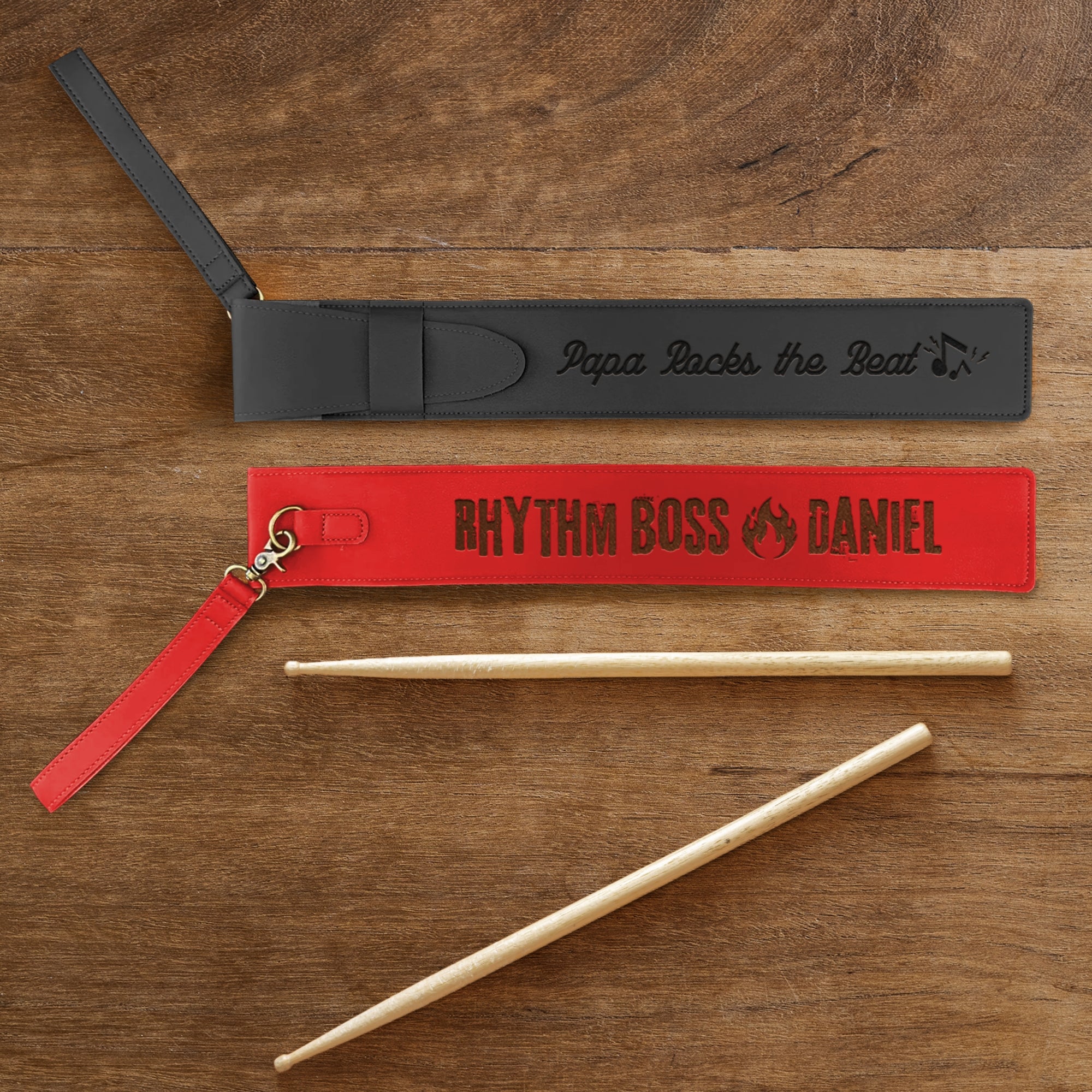 Personalised Pair of 5A Drumsticks & Engraved Leatherette Pouch, Custom Drum Sticks Holder Case, Jazz Rock, Drummers, Musician Dad Xmas Gift