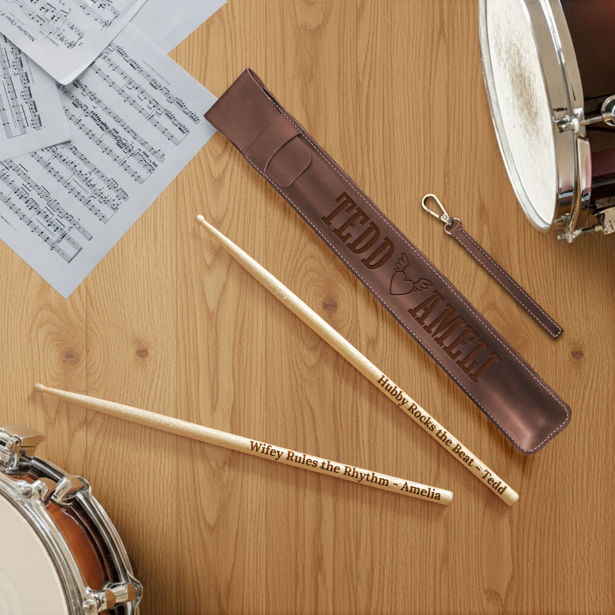 Personalised Pair of 5A Drumsticks & Engraved Leatherette Pouch, Custom Drum Sticks Holder Case, Jazz Rock, Drummers, Musician Dad Xmas Gift