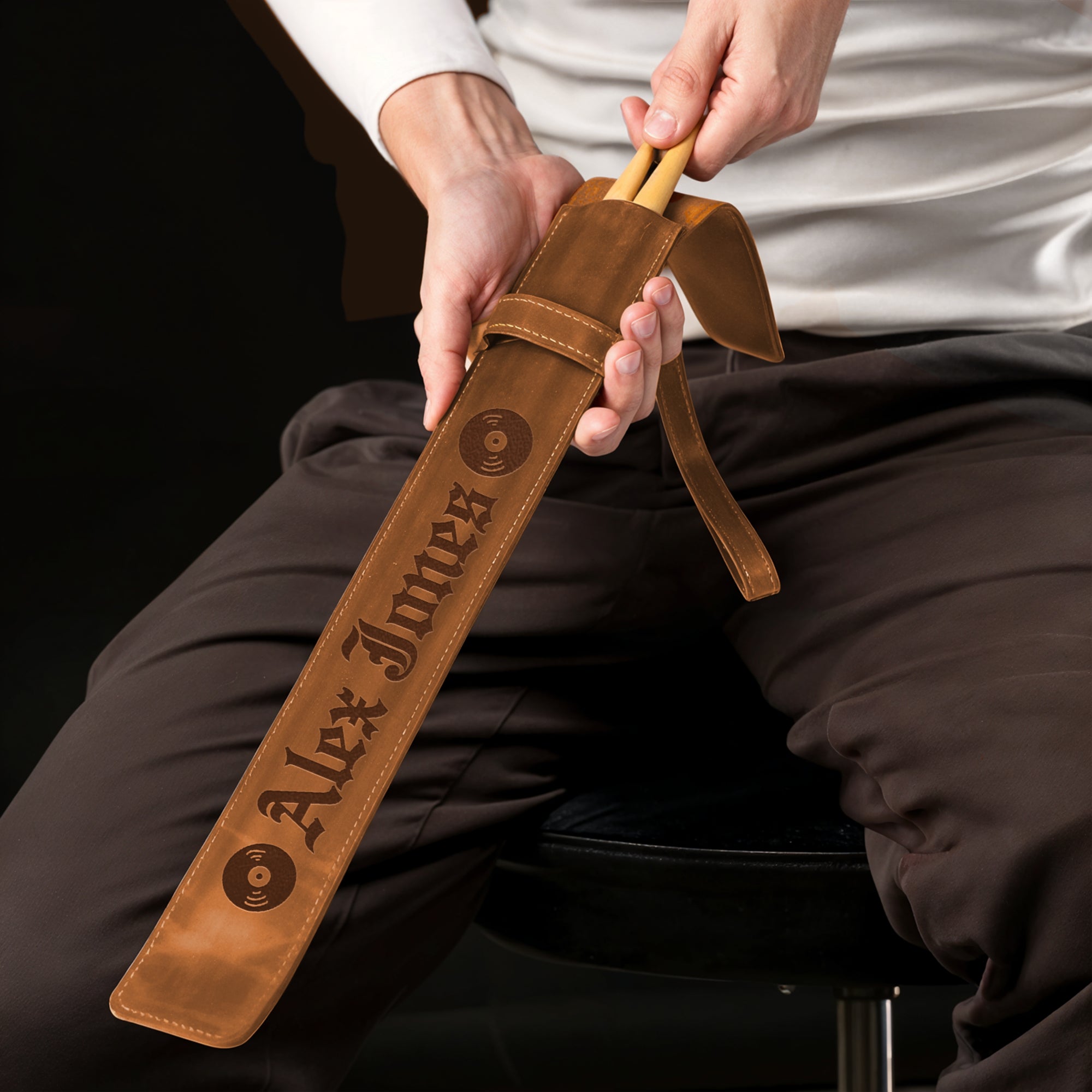 Personalised Pair of 5A Drumsticks & Engraved Leatherette Pouch, Custom Drum Sticks Holder Case, Jazz Rock, Drummers, Musician Dad Xmas Gift