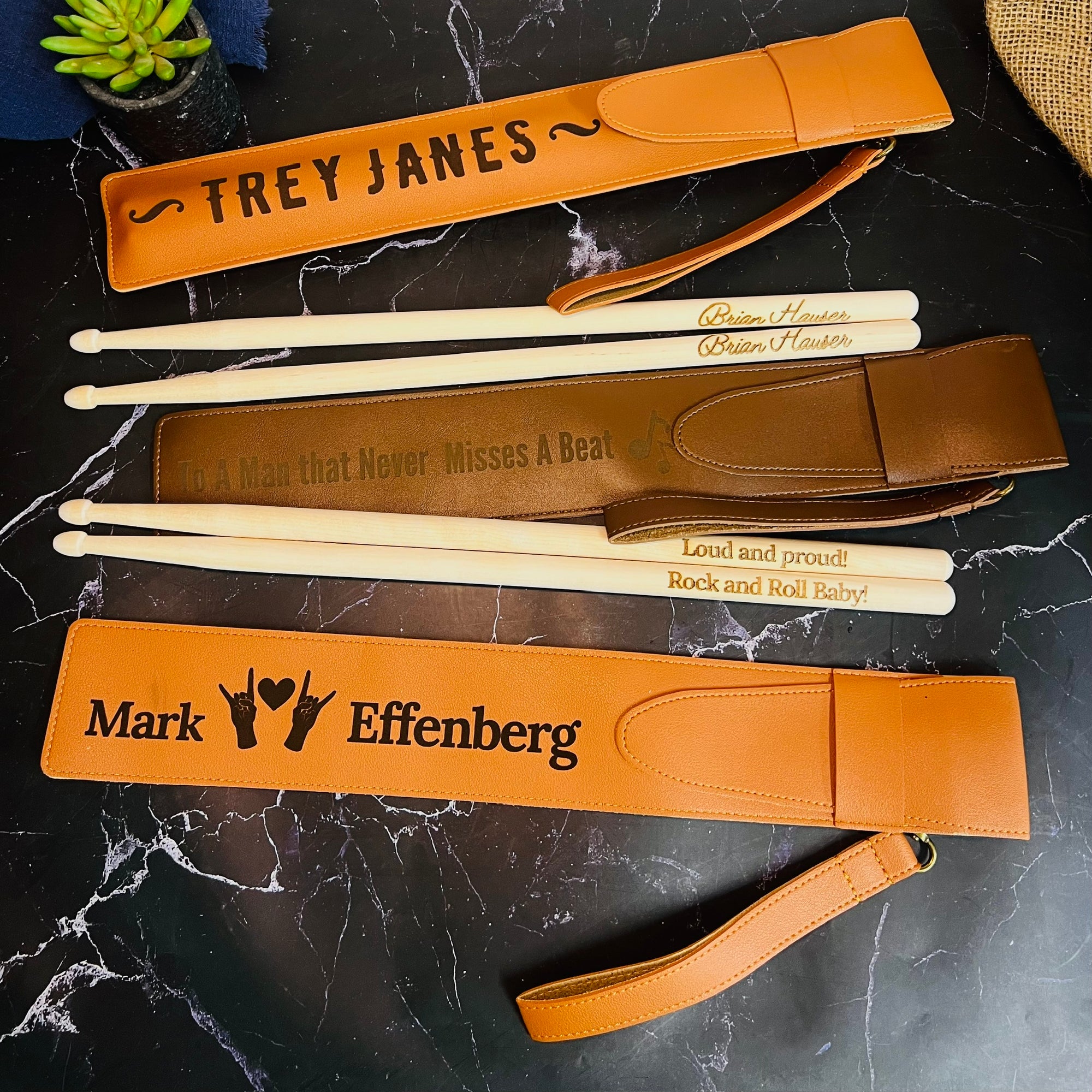 Personalised Pair of 5A Drumsticks & Engraved Leatherette Pouch, Custom Drum Sticks Holder Case, Jazz Rock, Drummers, Musician Dad Xmas Gift