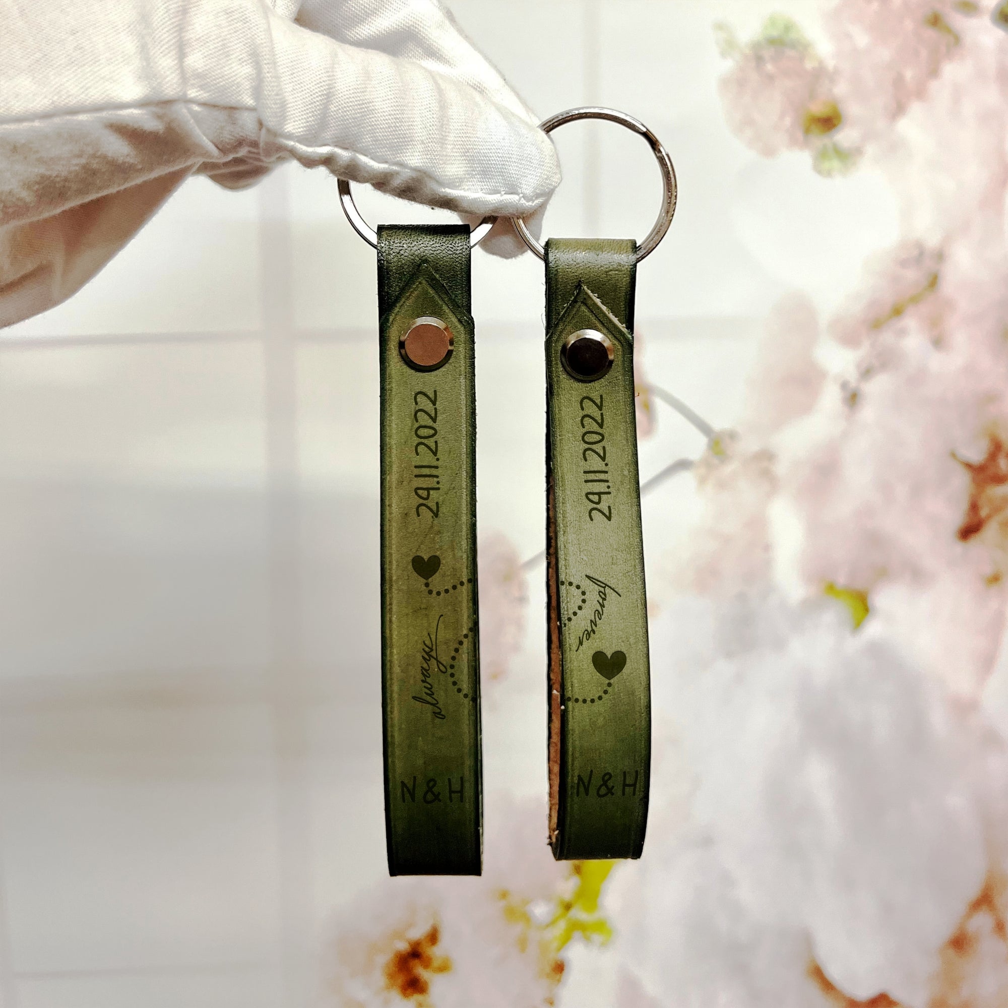 Personalised Pair of Cowhide Real Leather Keychains, Custom Laser Engraved Couple Keyrings, Anniversary, Wedding, Birthday, Christmas Gift