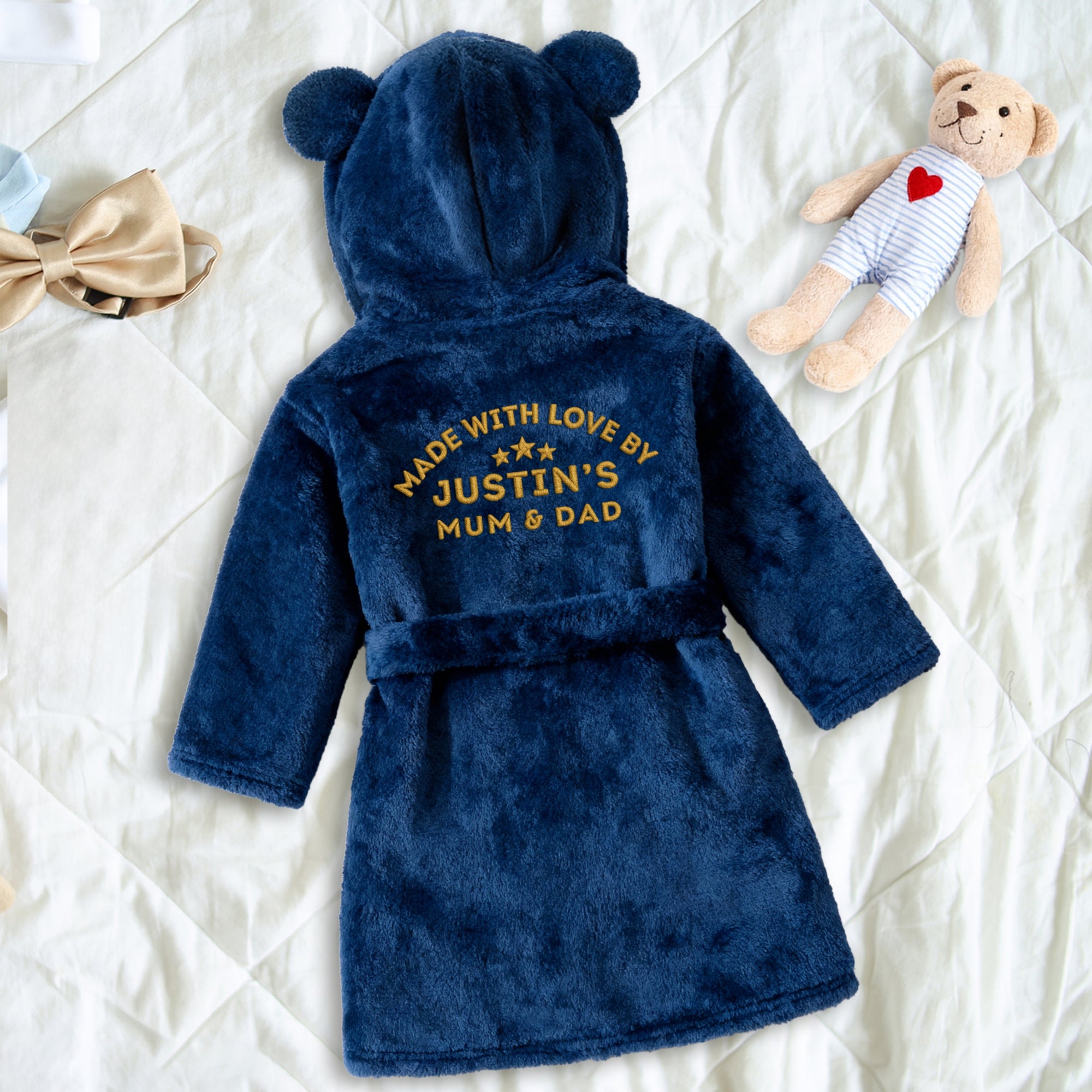 Personalised Plush Kid Bathrobe, Custom Name Embroidered Baby Dressing Gown, Bear Ear Hooded Bear Baby Robe, Christening Birthday, Xmas Gift