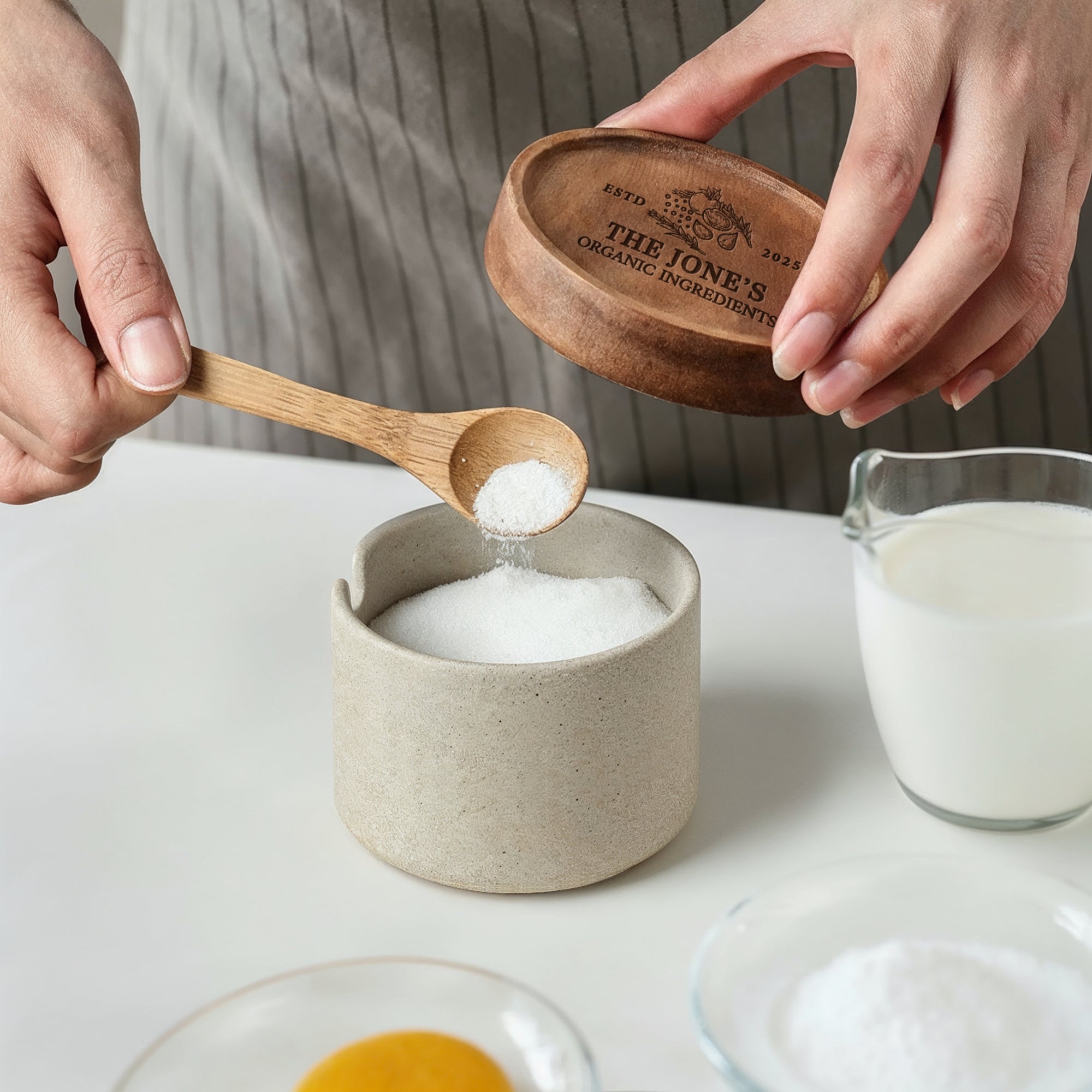 Personalised Pottery Spice Jar Set, Custom Engraved Kitchen Canisters, Spoons & Wooden Base Set, Salt Pepper Sugar Container Home Decor Gift