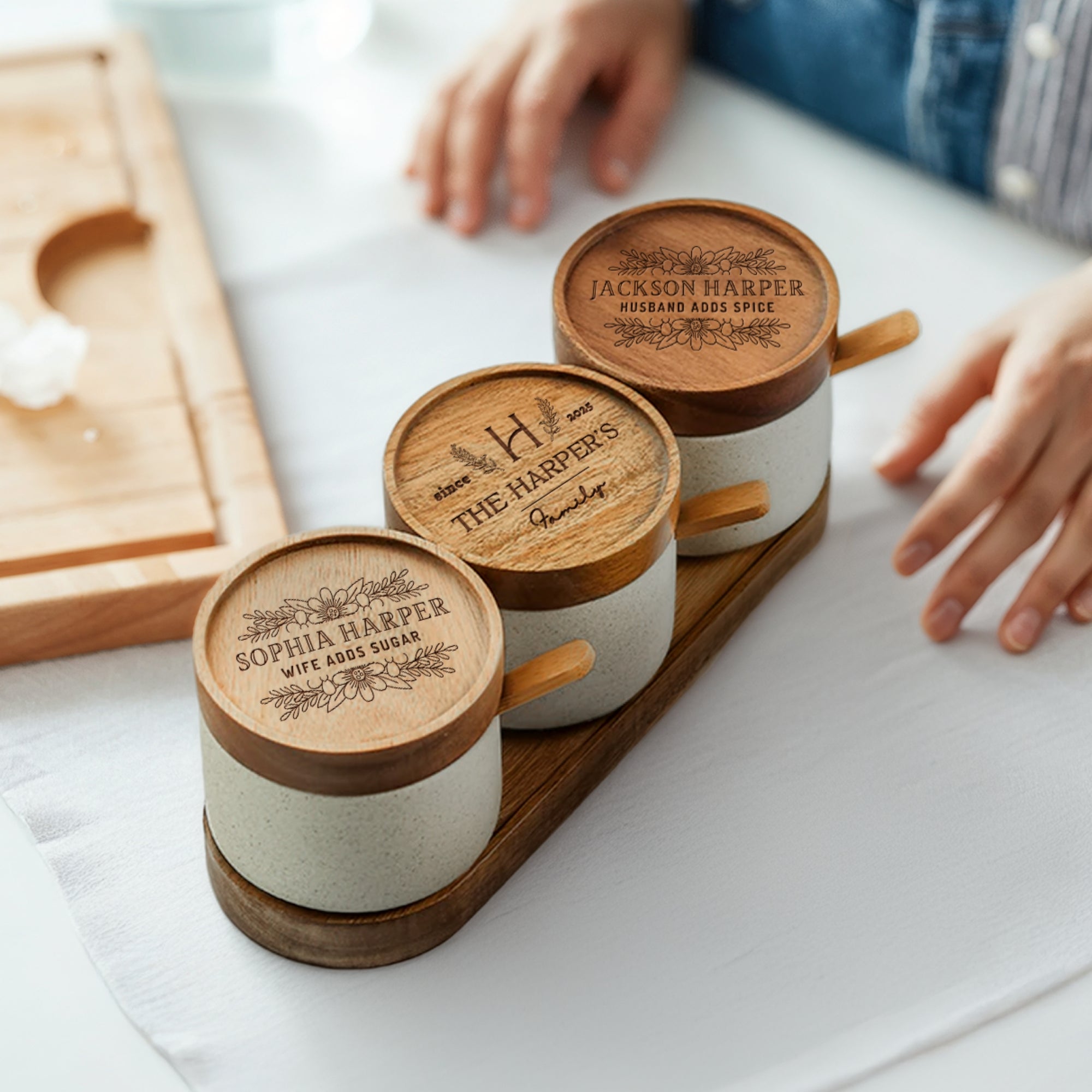 Personalised Pottery Spice Jar Set, Custom Engraved Kitchen Canisters, Spoons & Wooden Base Set, Salt Pepper Sugar Container Home Decor Gift