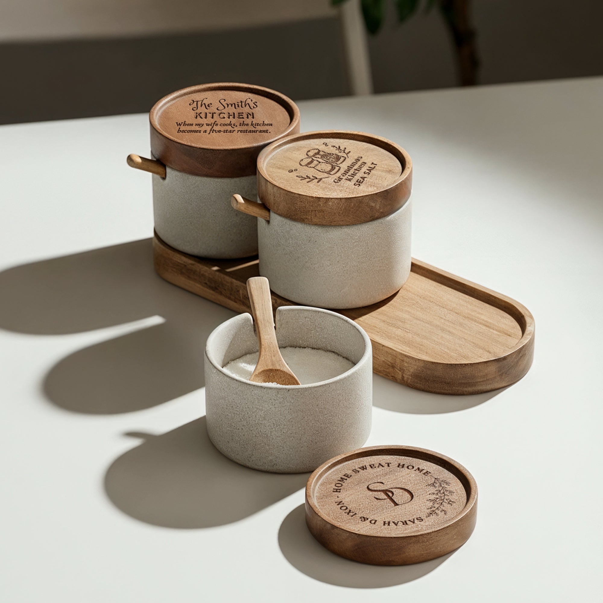 Personalised Pottery Spice Jar Set, Custom Engraved Kitchen Canisters, Spoons & Wooden Base Set, Salt Pepper Sugar Container Home Decor Gift