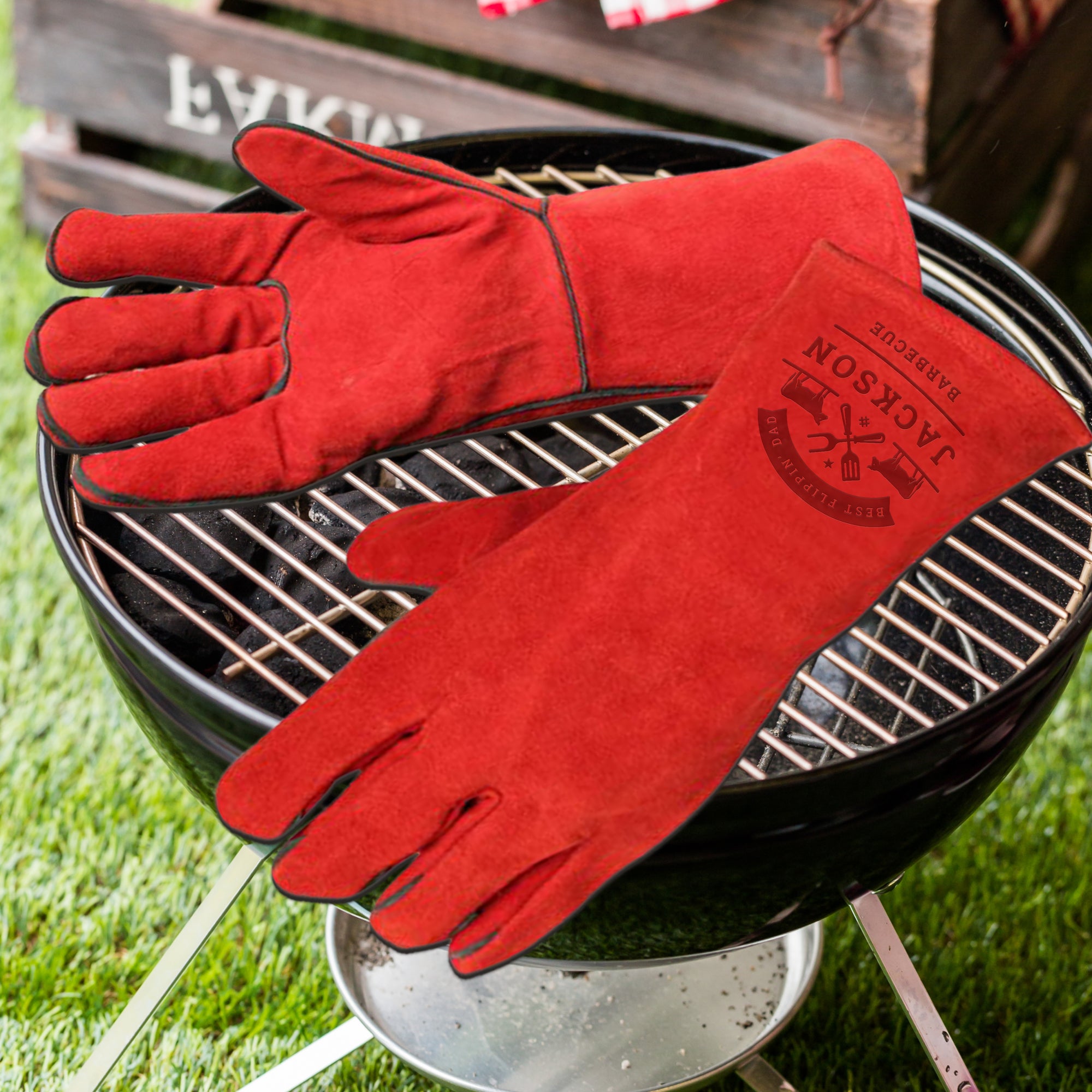 Personalised Long Leather BBQ Grill Gloves, Custom Engraved Fire & Heat Resistant Smoker, Stove, Oven, Fireplace Protective Gloves, Dad Gift