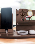 Personalised Rotating Wooden Docking Station, Custom Engraved Desk Valet, Nightstand Phone Watch Wallet Organiser Dad Groomsman Gift for Him