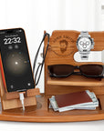 Personalised Rotating Wooden Docking Station, Custom Engraved Desk Valet, Nightstand Phone Watch Wallet Organiser Dad Groomsman Gift for Him
