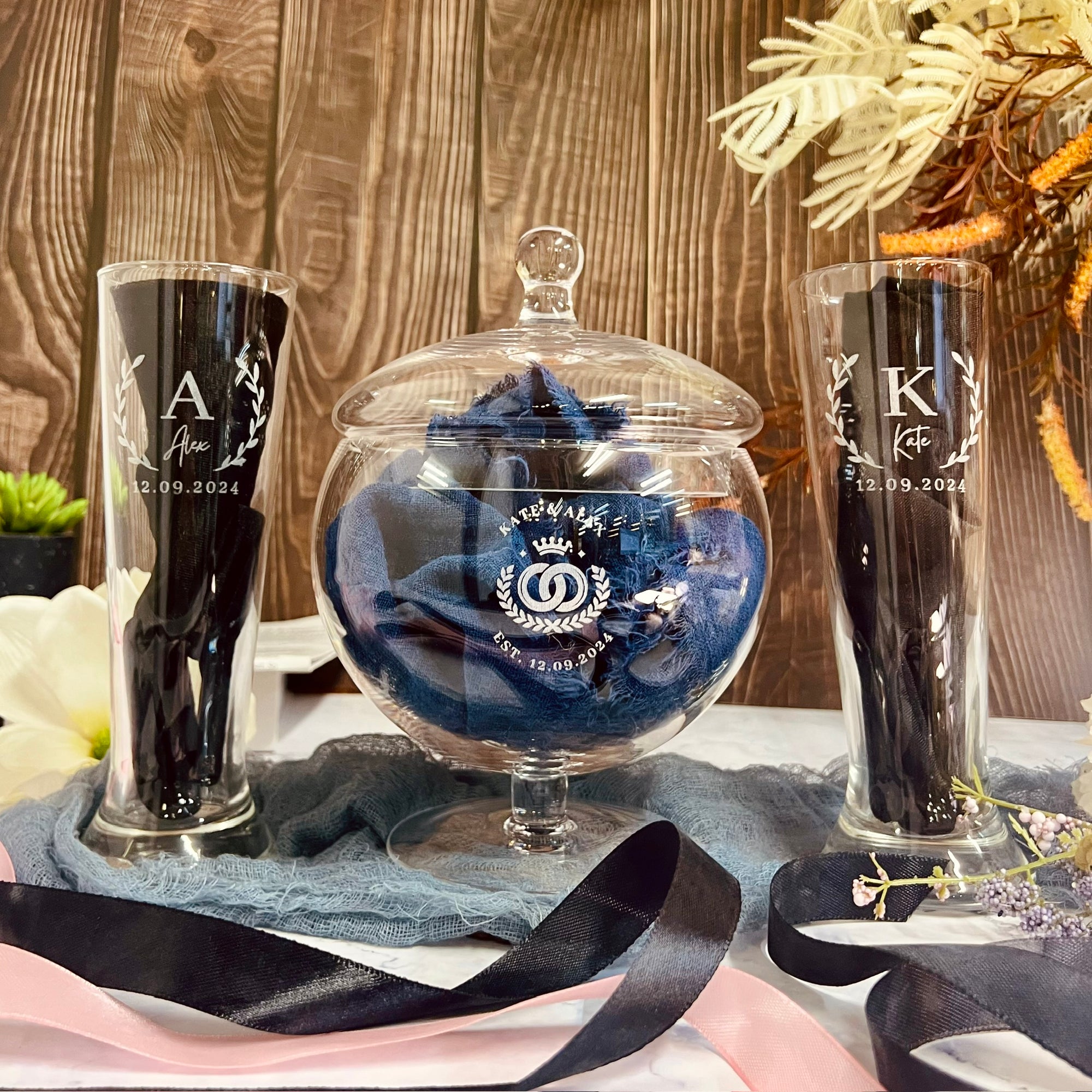 Personalised Sand Unity Wedding Ceremony, Jar & Glass Vases Set, Custom Engraved Couple Names Union Keepsake, Anniversary, Engagement Decor