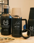 Personalised Set of Insulated Growler, Tankard Beer Mug, 3 in 1 Stubby Holder & Custom Engraved Logo Wooden Box, Groomsman Wedding, Dad Gift