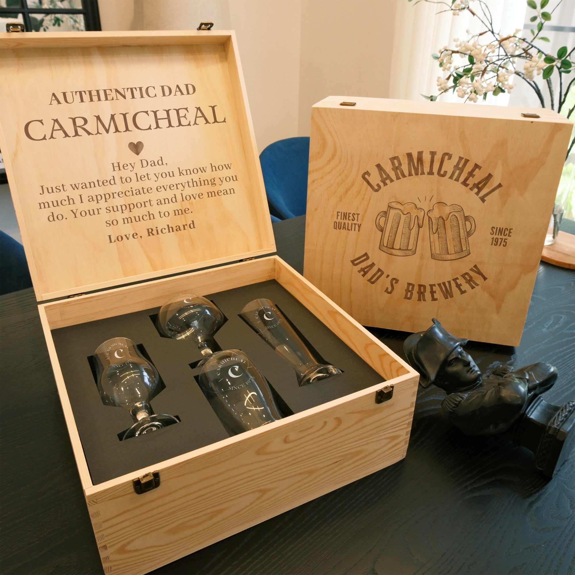 Personalised Set of 4 Portugal Beer Glasses & Custom Engraved Logo Wooden Box, Groomsman Proposal, Wedding, Birthday, Father, Corporate Gift