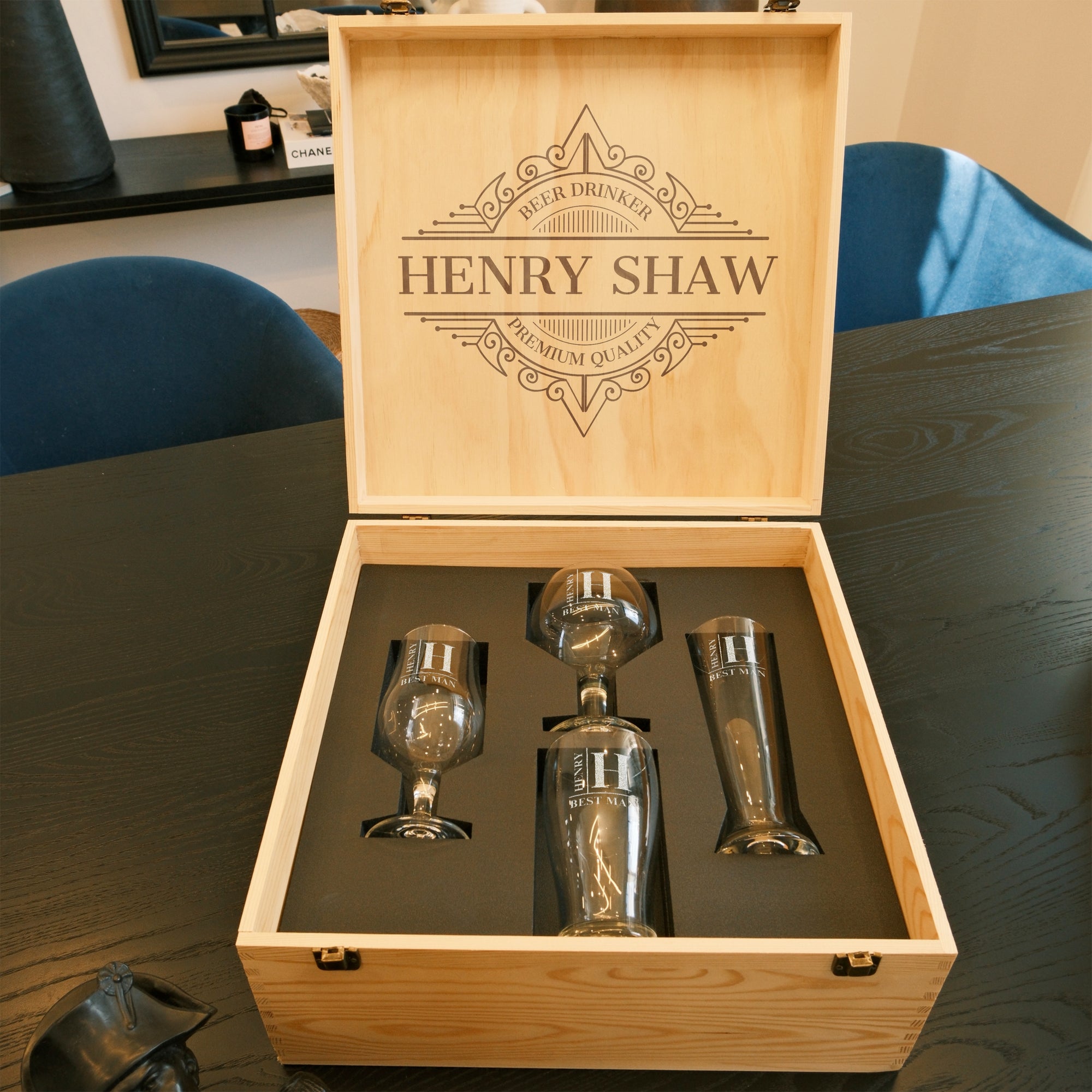 Personalised Set of 4 Portugal Beer Glasses & Custom Engraved Logo Wooden Box, Groomsman Proposal, Wedding, Birthday, Father, Corporate Gift