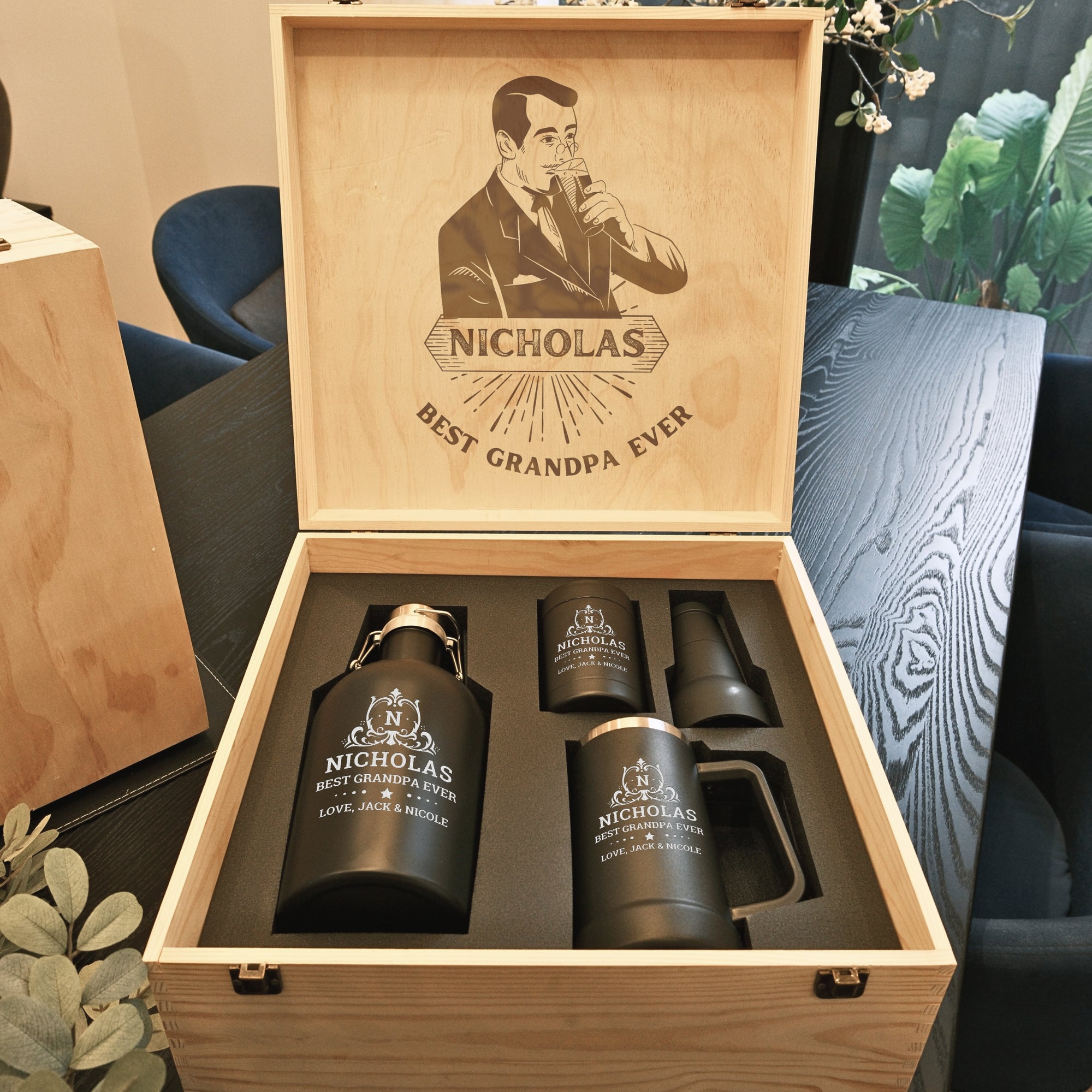 Personalised Set of Insulated Growler, Tankard Beer Mug, 3 in 1 Stubby Holder & Custom Engraved Logo Wooden Box, Groomsman Wedding, Dad Gift