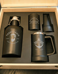 Personalised Set of Insulated Growler, Tankard Beer Mug, 3 in 1 Stubby Holder & Custom Engraved Logo Wooden Box, Groomsman Wedding, Dad Gift