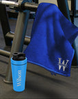 Personalised 25oz Blue Metal Protein Shaker & Embroidery Gym Towel Set, Custom Name Logo Fitness, Travel, Sport, Birthday, Corporate Gift