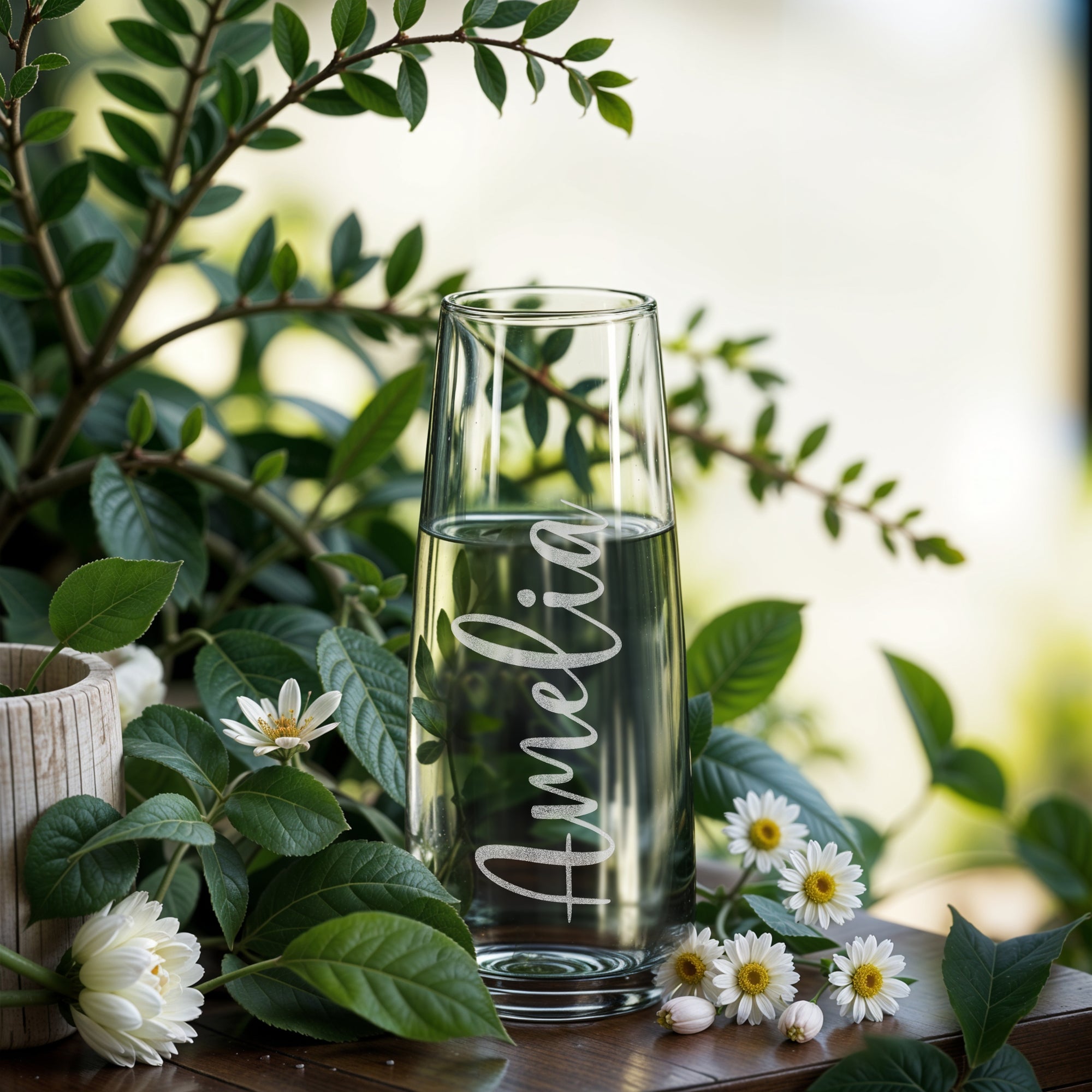 Personalised Etched Small Birth Flower Glass Vase, Home Wedding Decor, Bridesmaid Favor, Christening Housewarming, Anniversary Birthday Gift