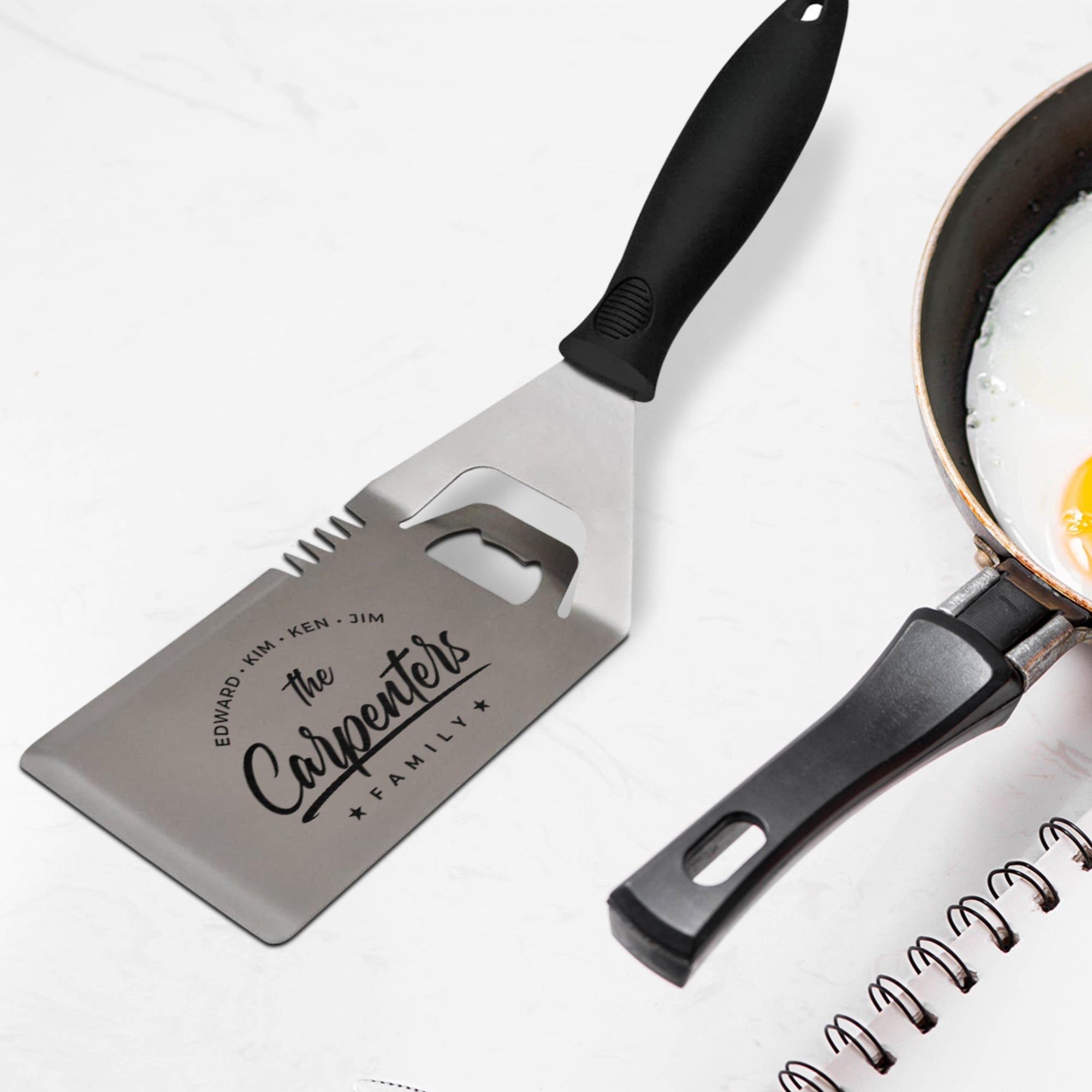 Personalised Steel BBQ Spatula with Bottle Opener & Prongs, Custom Engraved Barbecue Grill Tool, Dad, Groomsman Housewarming, Corporate Gift