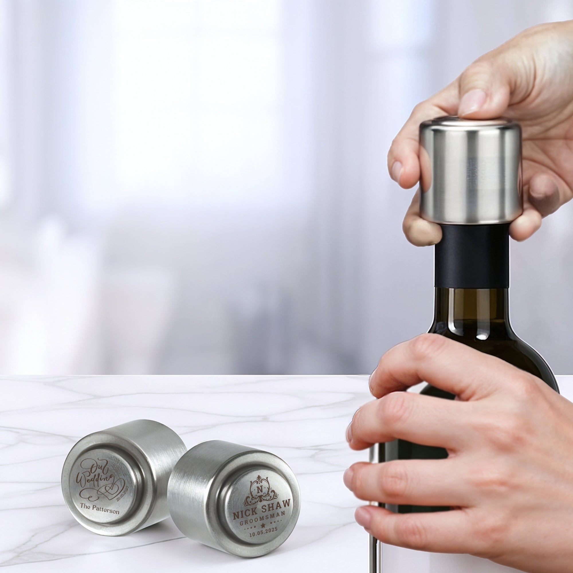 Personalised Stainless Wine Bottle Stopper for Corked Bottles, Custom Etched Logo Barware Accessories, Dad Wedding Groomsman, Corporate Gift