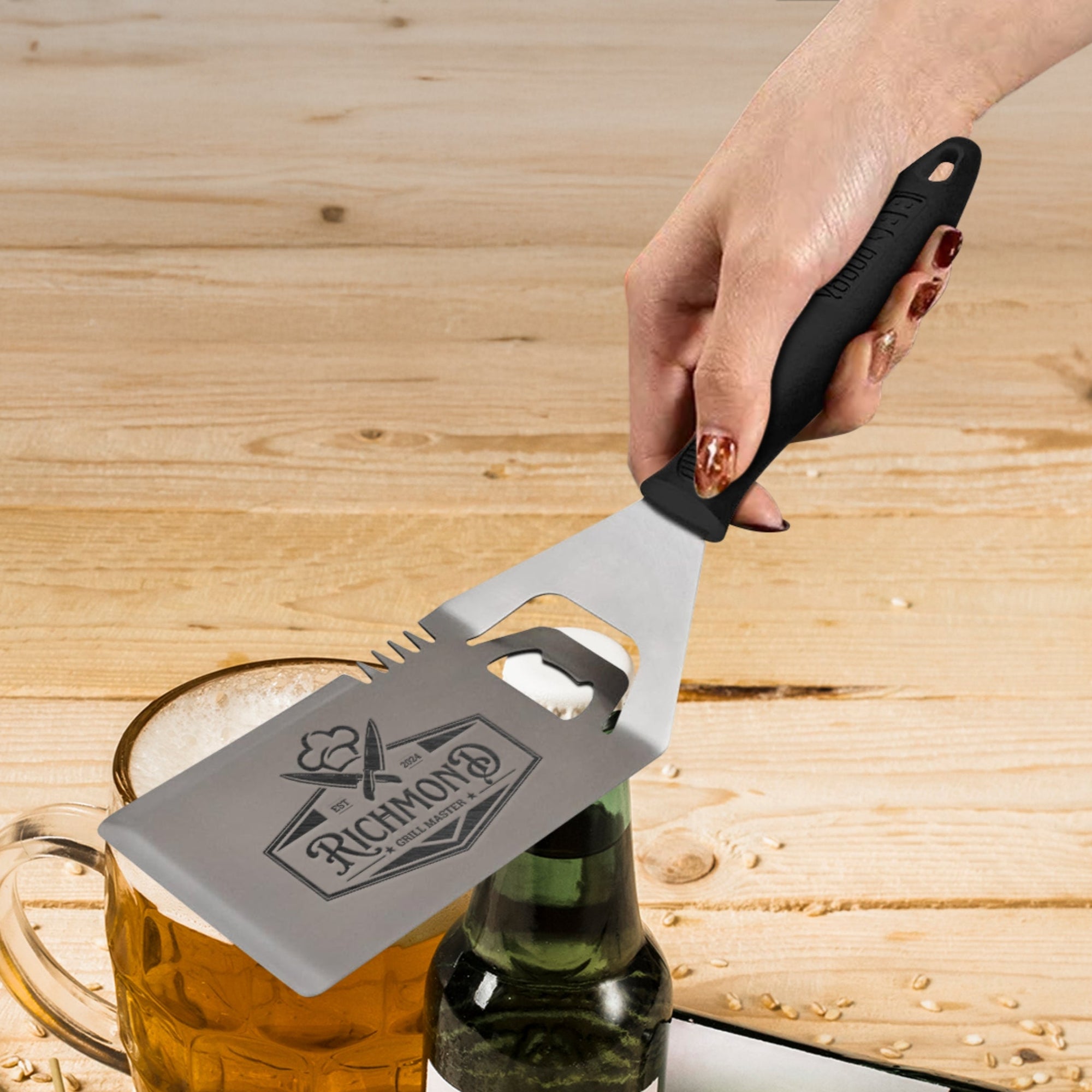 Personalised Steel BBQ Spatula with Bottle Opener & Prongs, Custom Engraved Barbecue Grill Tool, Dad, Groomsman Housewarming, Corporate Gift