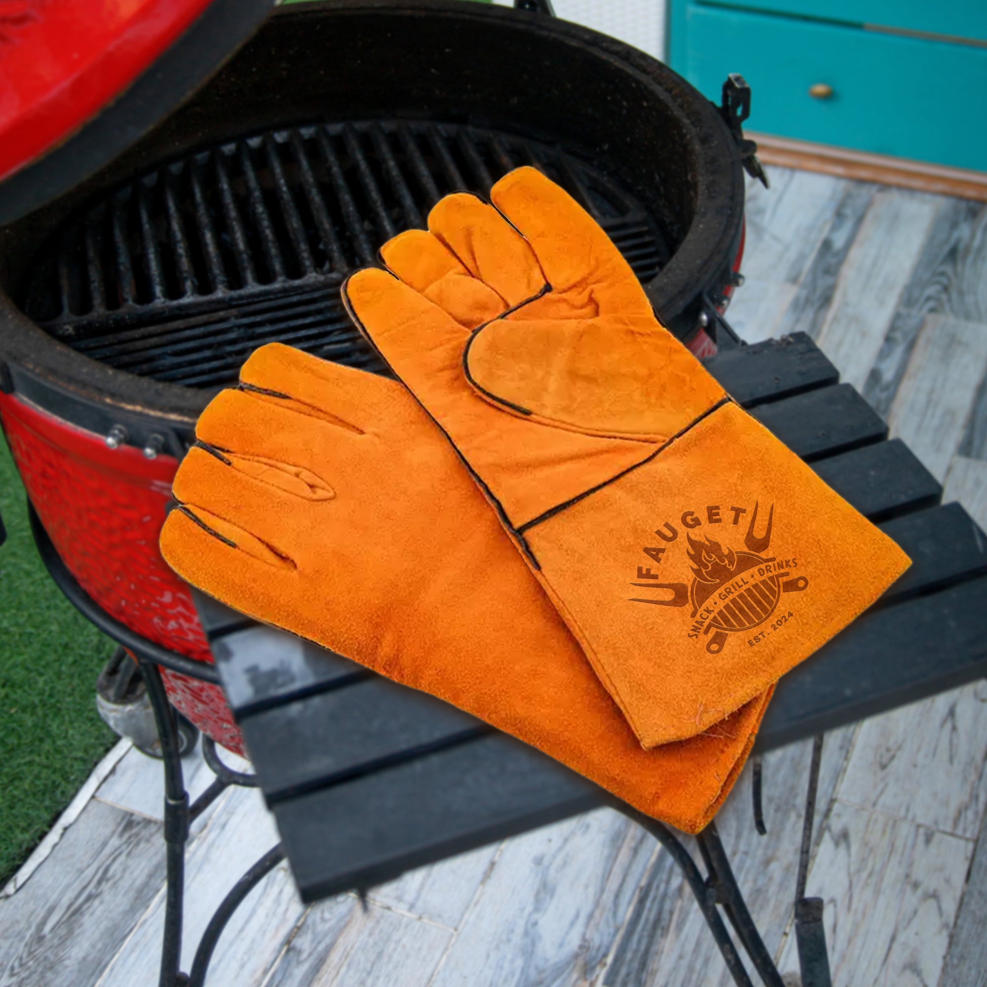 Personalised Long Leather BBQ Grill Gloves, Custom Engraved Fire & Heat Resistant Smoker, Stove, Oven, Fireplace Protective Gloves, Dad Gift