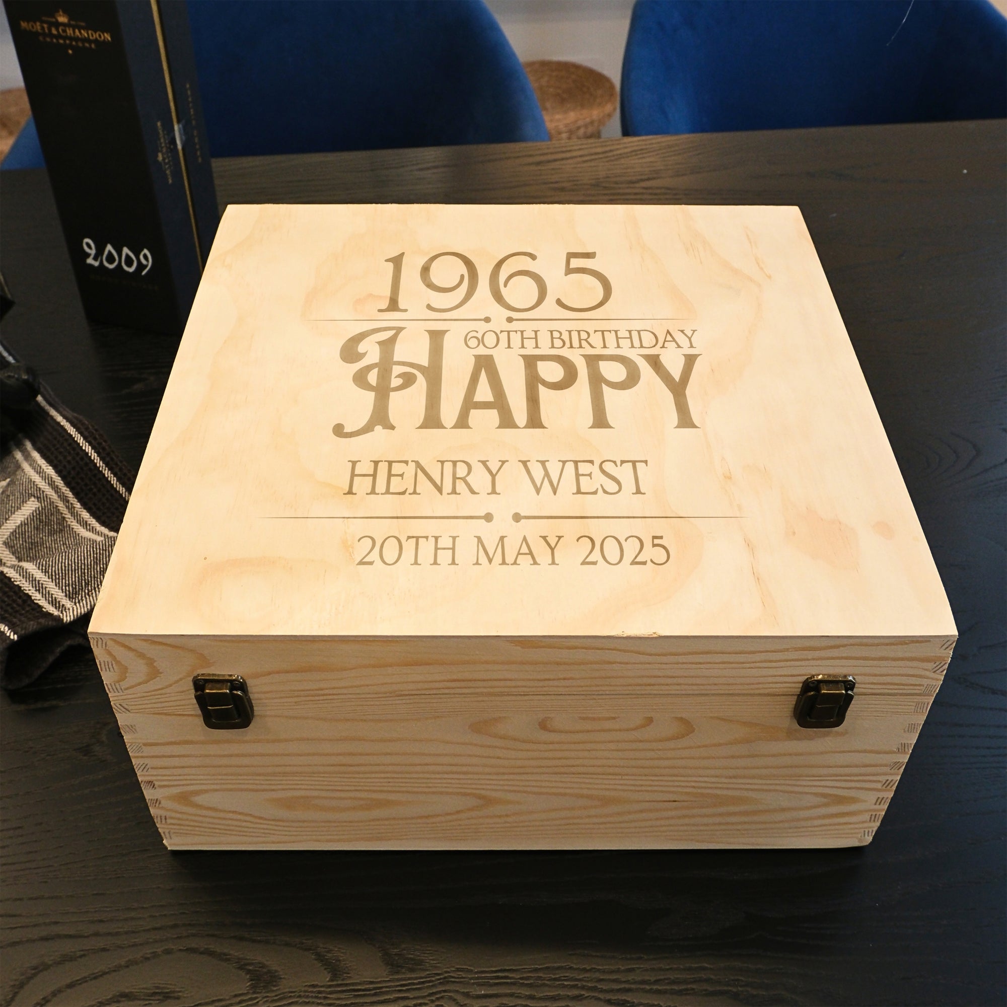 Personalised 4 Crystal Wine Glasses, Marble Coasters in Custom Etched Wooden Box, Bridesmaid Wedding, Birthday Housewarming Anniversary Gift