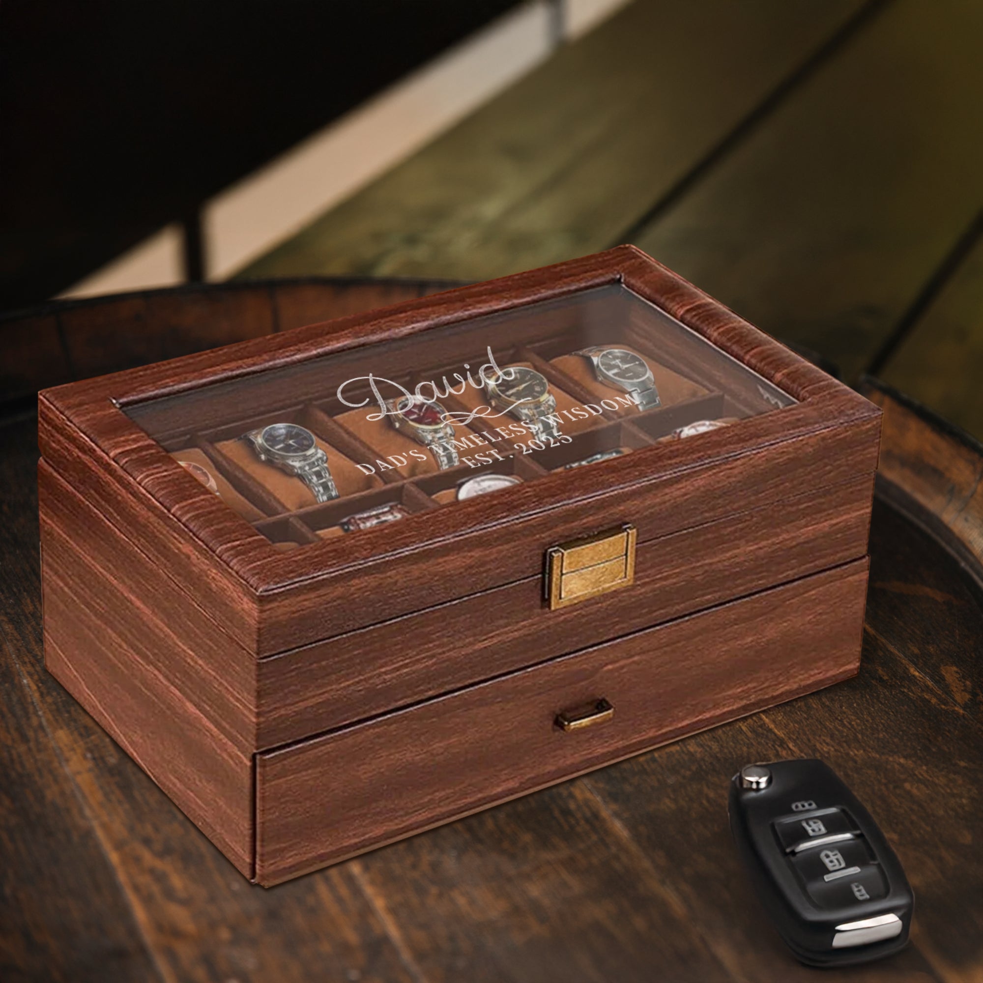 Personalised Two Drawer Wooden 20 Watch Slots Display Box, Custom Engraved Men Accessories Storage Jewelry Case Organiser Christmas Dad Gift