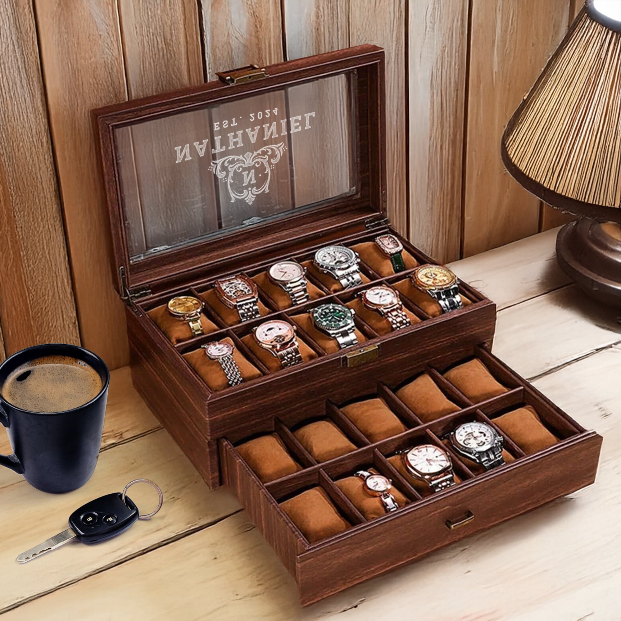 Personalised Two Drawer Wooden 20 Watch Slots Display Box, Custom Engraved Men Accessories Storage Jewelry Case Organiser Christmas Dad Gift