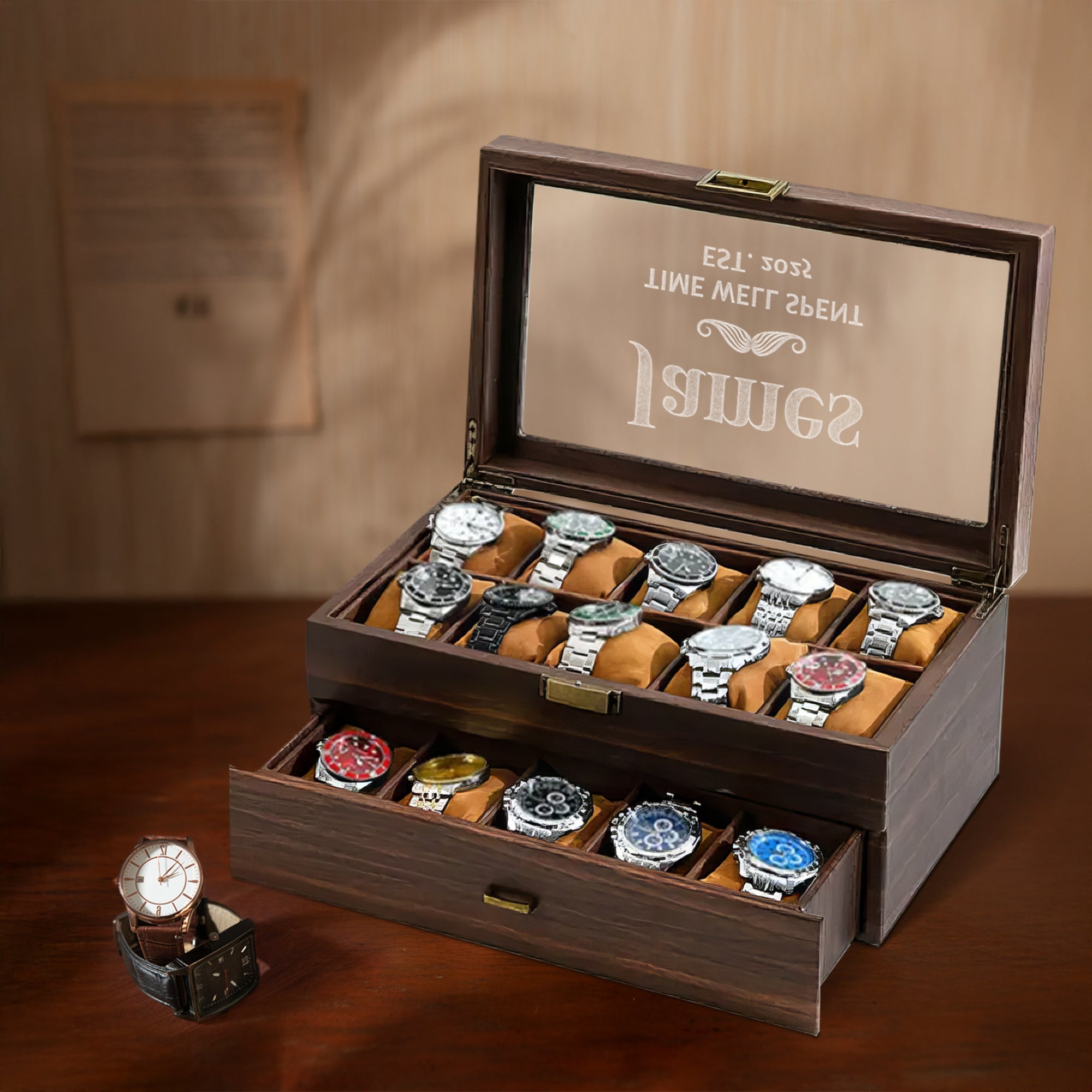 Personalised Two Drawer Wooden 20 Watch Slots Display Box, Custom Engraved Men Accessories Storage Jewelry Case Organiser Christmas Dad Gift