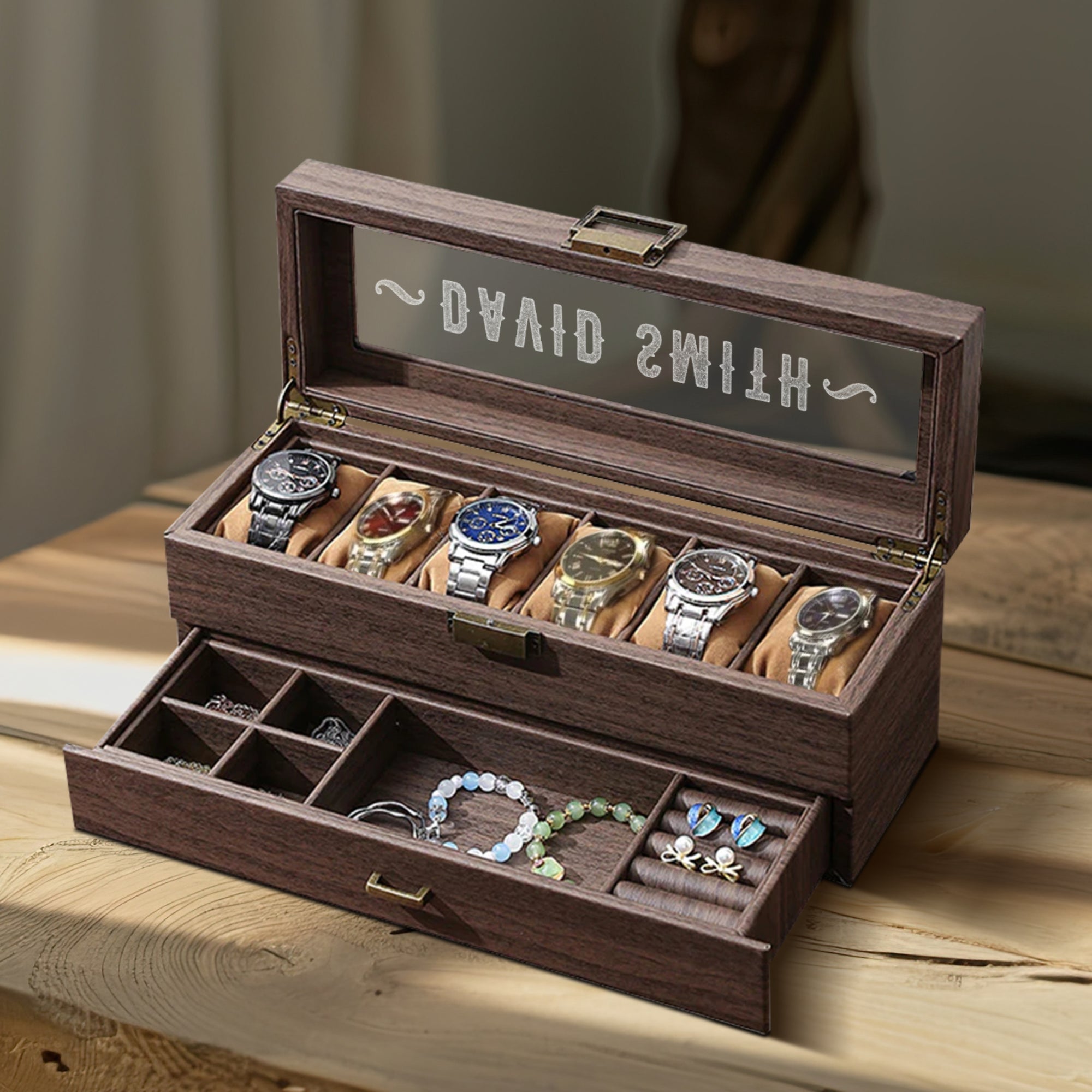 Personalised Two Drawer Wooden 6 Watch Slots & Accessories Display Box Custom Engraved Men Jewelry Storage Organiser Case Christmas Dad Gift