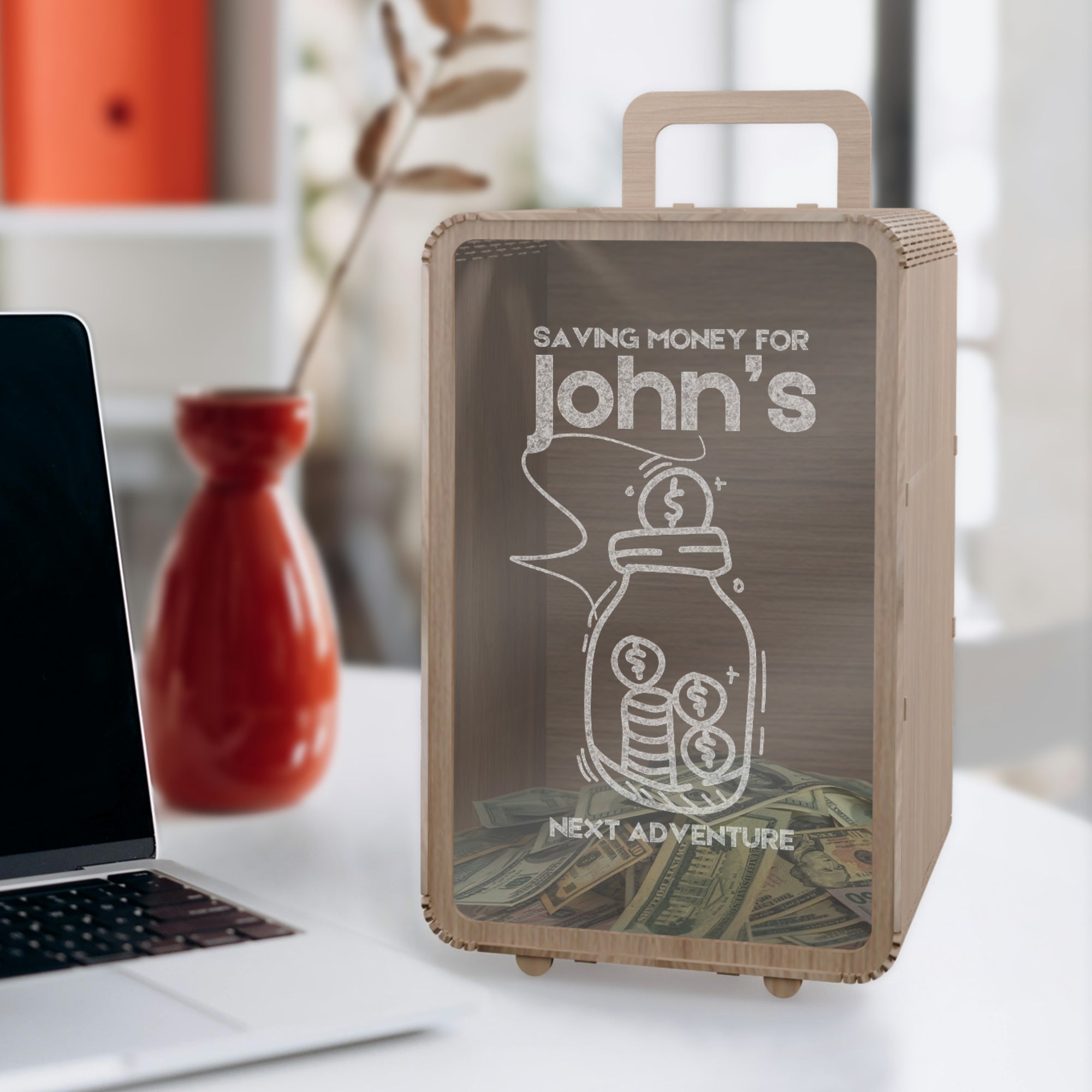 Personalised Wood Travel Luggage Piggy Bank, Custom Engraved Name Money Saving Box Vacation Adventure Fund Storage, Birthday Gift Room Decor