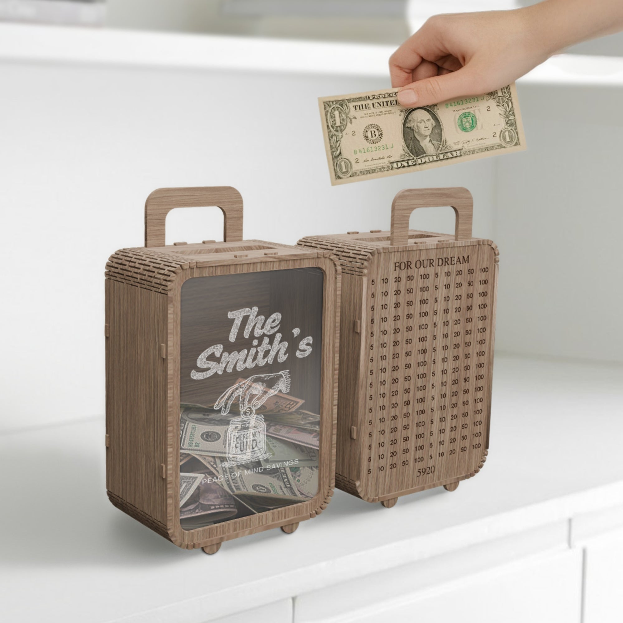 Personalised Wood Travel Luggage Piggy Bank, Custom Engraved Name Money Saving Box Vacation Adventure Fund Storage, Birthday Gift Room Decor