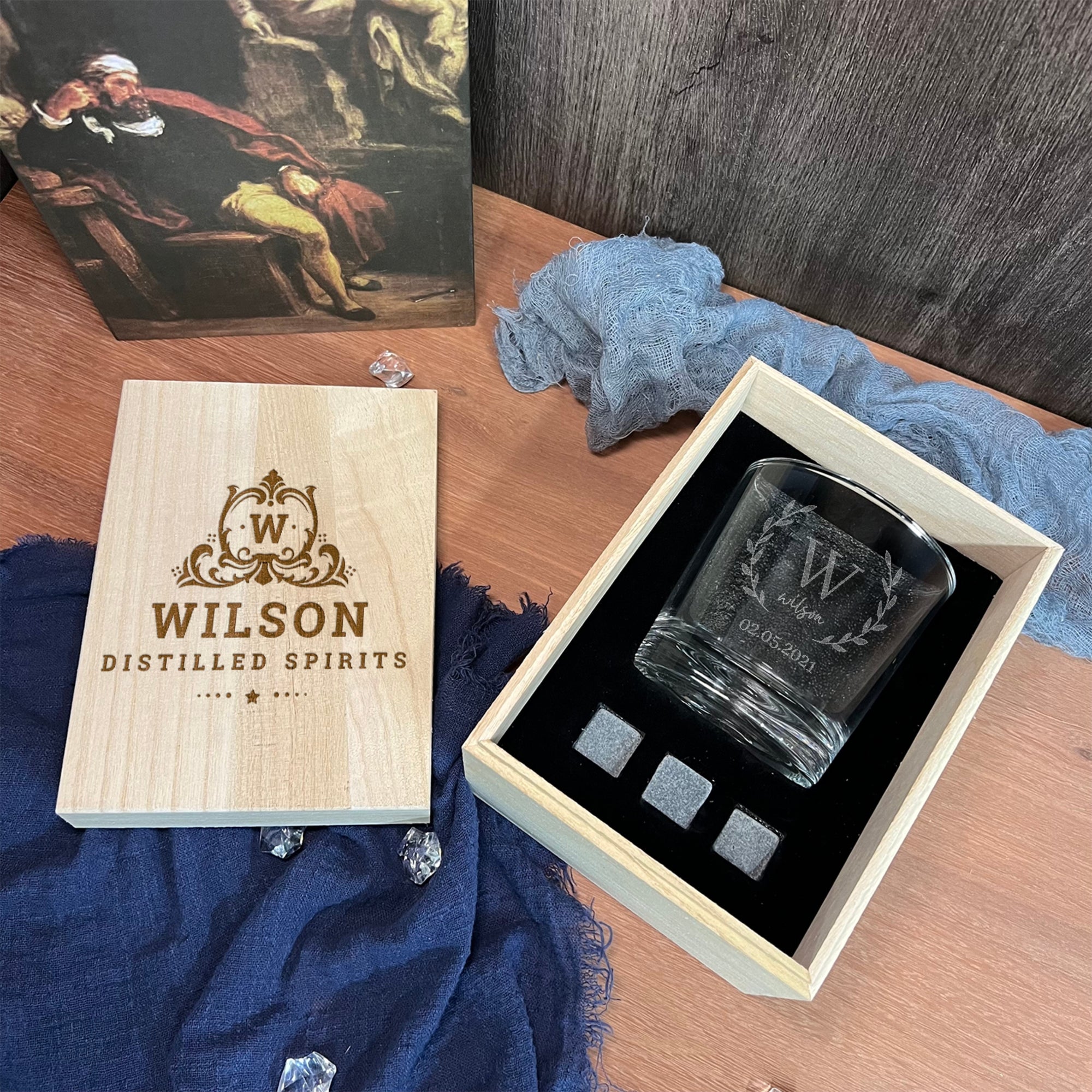 Personalised Wooden Whiskey Gift Box, Sleek Round Glass, Ice Stones, Coaster, Custom Engraved Logo Groomsman Barware, Wedding Corporate Gift