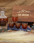 Personalised Wooden Box Curve Whiskey Decanter Set, 4 Scotch Glasses, 8 Ice Stones & Tongs | Custom Engraved Logo Groomsmen Wedding Bar Gift